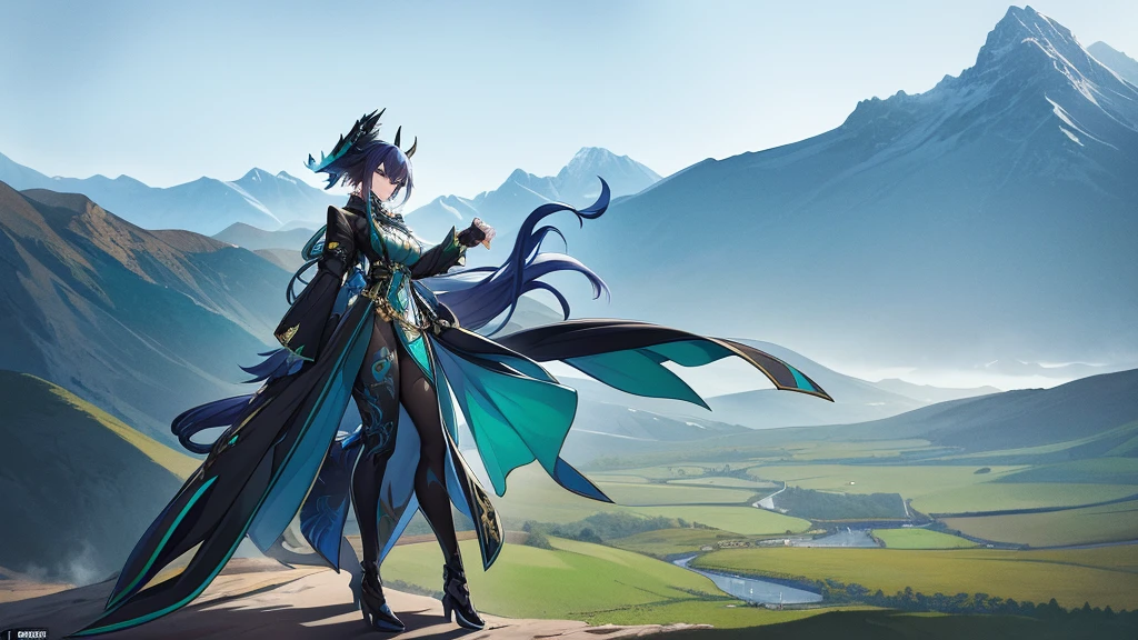 The character belongs to the moolong race and as such has minimal dragon characteristics of her race due to being human and is wearing a detailed and stylized costume.. The outfit consists of a long coat in blue-green and black., with silver prints and decorations that give it an ornate appearance. The coat has asymmetrical tails, longer in the back, which gives dynamism to the look. Underneath the coat, there is a tight black jumpsuit or armor that covers from neck to feet, accentuating the character's shape and providing an elegant contrast. with the elaborate coat. The coat's shoulders are adorned with structured, armor-like pieces, also with designs in teal and silver, contributing to a majestic, battle-ready aesthetic. Waist band, with attached pockets, suggesting practicality amidst elegance. The character's arms are partially covered by detached sleeves or gauntlets that match in color and design with the rest of the costume.. Completing the ensemble are over-the-knee boots., apparently made of durable material, suitable for combat or travel. They share the same color palette as the rest of the apparel.: blue-green details on predominantly black material, with metal plates that can serve as protection,
oriental clothes, the scenery in the background and of eastern peaks and mountains,