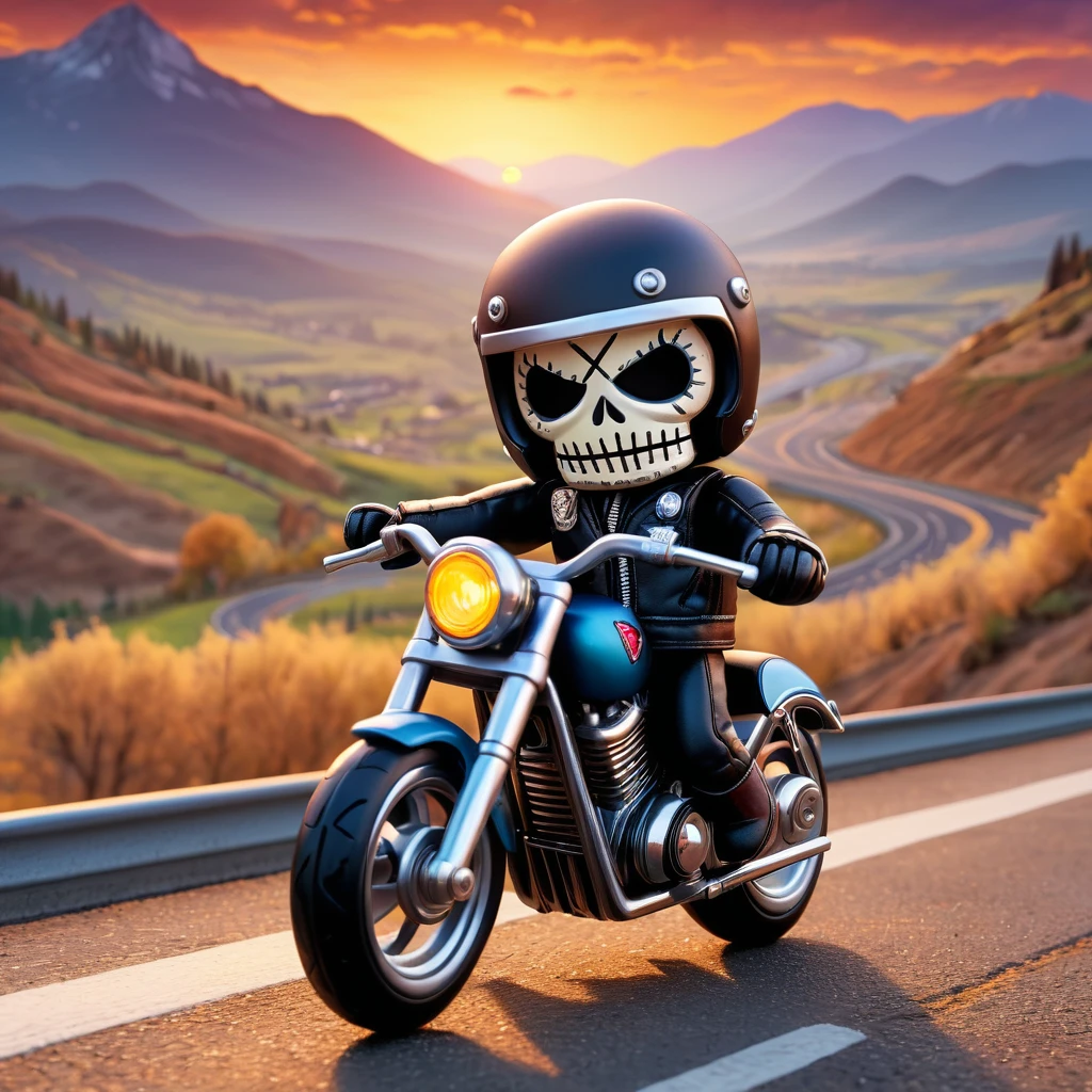 (knitted toy voodoo doll:1.2), (Voodoo Motorcyclist:1.3), (Clothes: Leather jacket, helmet, gloves:1.0), (against the background Highway, mountain landscape, sunset:1.2), best quality, masterpiece, detailed soft oil painting, detailed background, dramatic cinematic lighting, soft edge lighting, professional, dramatic lighting, hard edge lighting, ultra quality, 4k, masterpiece, best quality, 8k, ultra high definition, high resolution, extremely detailed