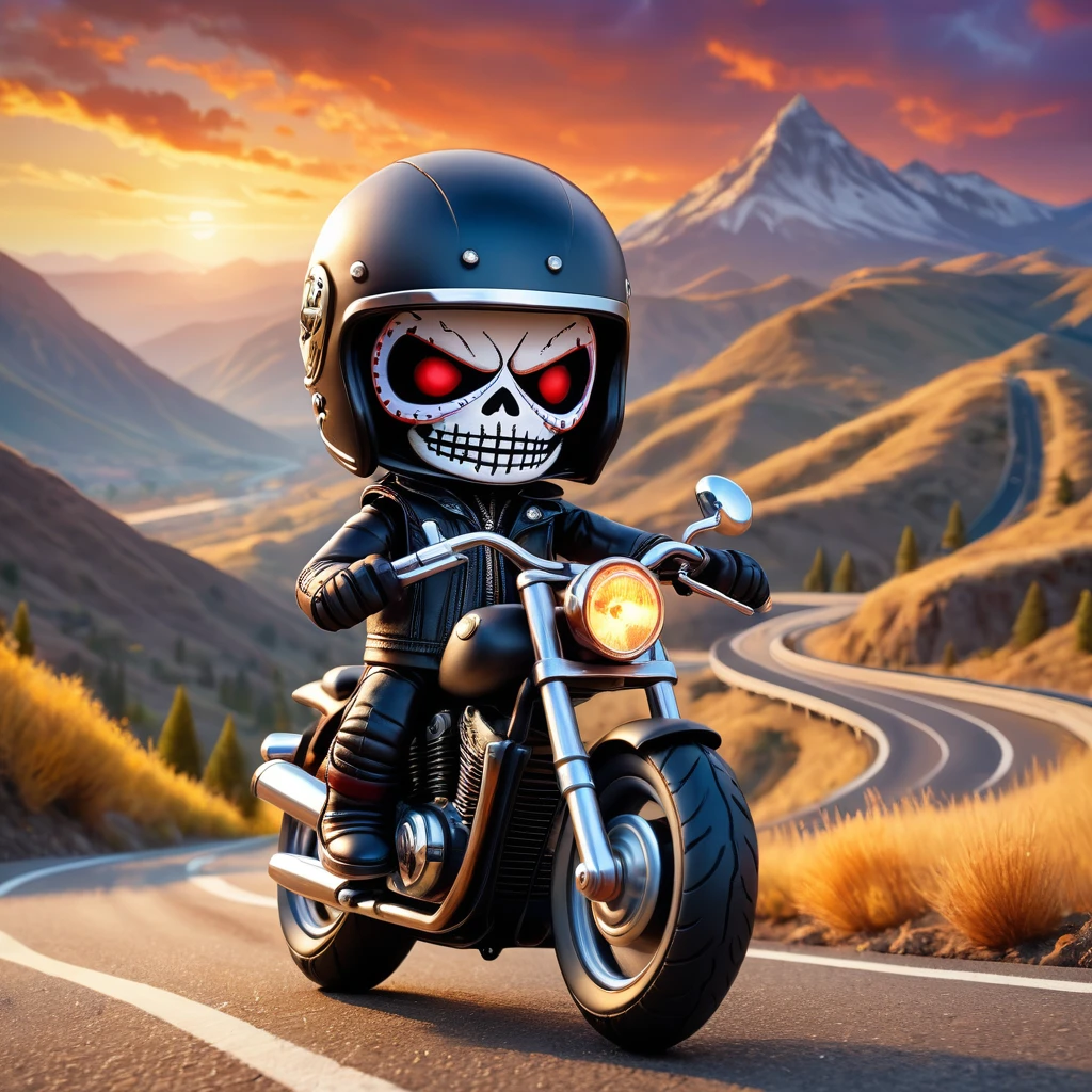 (knitted toy voodoo doll:1.2), (Voodoo Motorcyclist:1.3), (Clothes: Leather jacket, helmet, gloves:1.0), (against the background Highway, mountain landscape, sunset:1.2), best quality, masterpiece, detailed soft oil painting, detailed background, dramatic cinematic lighting, soft edge lighting, professional, dramatic lighting, hard edge lighting, ultra quality, 4k, masterpiece, best quality, 8k, ultra high definition, high resolution, extremely detailed