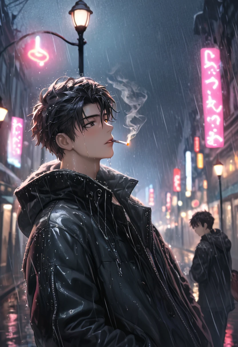 High resolution, high quality illustrations. A cool boy with two-block hair is looking down, getting wet from the heavy rain. A cool expression with a cigarette in his mouth. The background is a dark night with heavy rain, blurred by the pale neon light of street lamps.