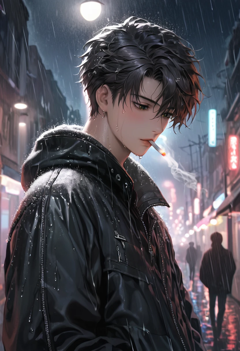 High resolution, high quality illustrations. A cool boy with two-block hair is looking down, getting wet from the heavy rain. A cool expression with a cigarette in his mouth. The background is a dark night with heavy rain, blurred by the pale neon light of street lamps.