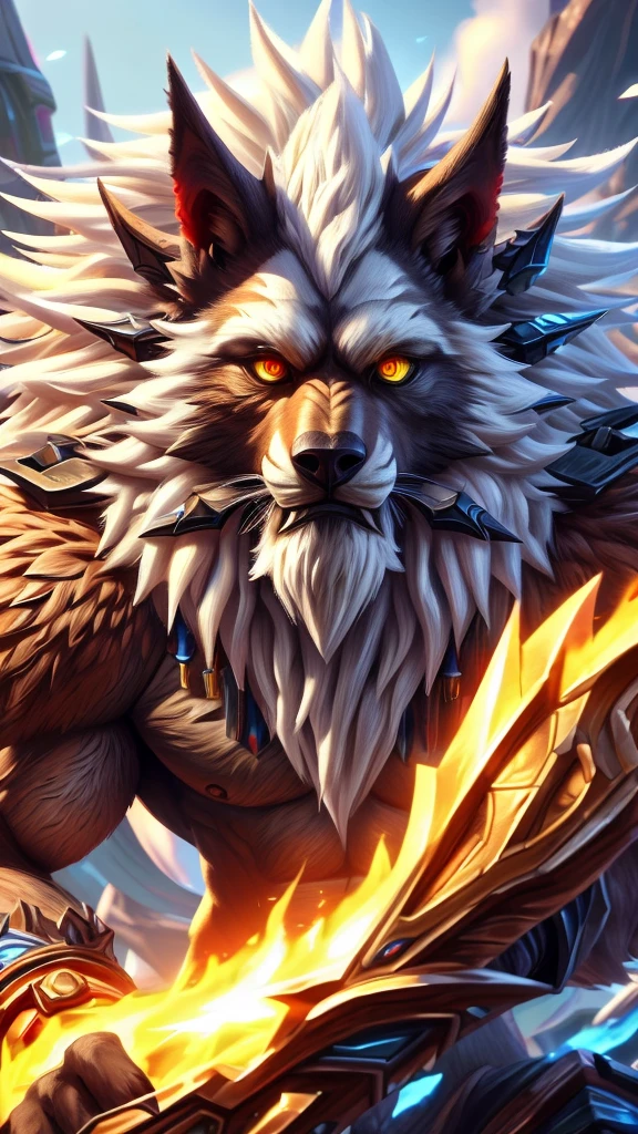 4K, high resolution, Posted on e621 (patto art style),Official Fanart, World of Warcraft同人画, Furry Art, high resolution佣金, World of Warcraft风格, Detailed key animation art, Strong, Full body portrait, panoramic, (Realistic eye details: 1:2), High Detail, high quality, 16K, (best quality,4K,high resolution,masterpiece:1.2),professional,Reference Blizzard Games《World of Warcraft》Genn Greymane,Werewolf,Absolutely pure white hair,Golden eyes