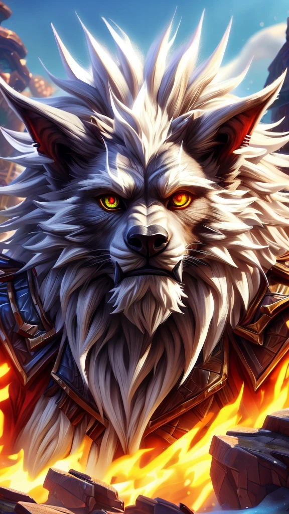 4K, high resolution, Posted on e621 (patto art style),Official Fanart, World of Warcraft同人画, Furry Art, high resolution佣金, World of Warcraft风格, Detailed key animation art, Strong, Full body portrait, panoramic, (Realistic eye details: 1:2), High Detail, high quality, 16K, (best quality,4K,high resolution,masterpiece:1.2),professional,Reference Blizzard Games《World of Warcraft》Genn Greymane,Werewolf,Absolutely pure white hair,Golden eyes