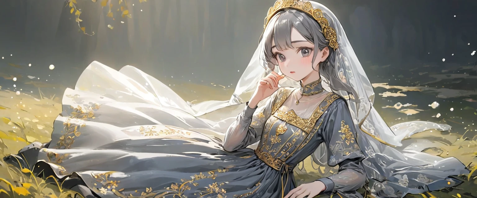 girl, Gold and silver embroidery, White-gray pearl medieval long dress(With panniers), Translucent fabric, Pull up the dress by hand, Strong winds, Translucent slip, Grey translucent tights, Peeking from below, Highest quality, Disorder of clothing, sit