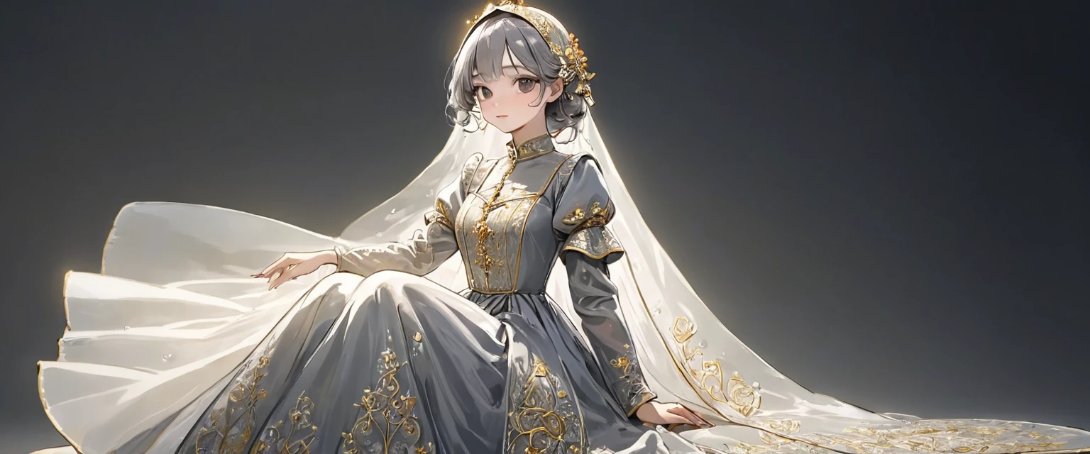 girl, Gold and silver embroidery, White-gray pearl medieval long dress(With panniers), Translucent fabric, Pull up the dress by hand, Strong winds, Translucent slip, Grey translucent tights, Peeking from below, Highest quality, Disorder of clothing, sit