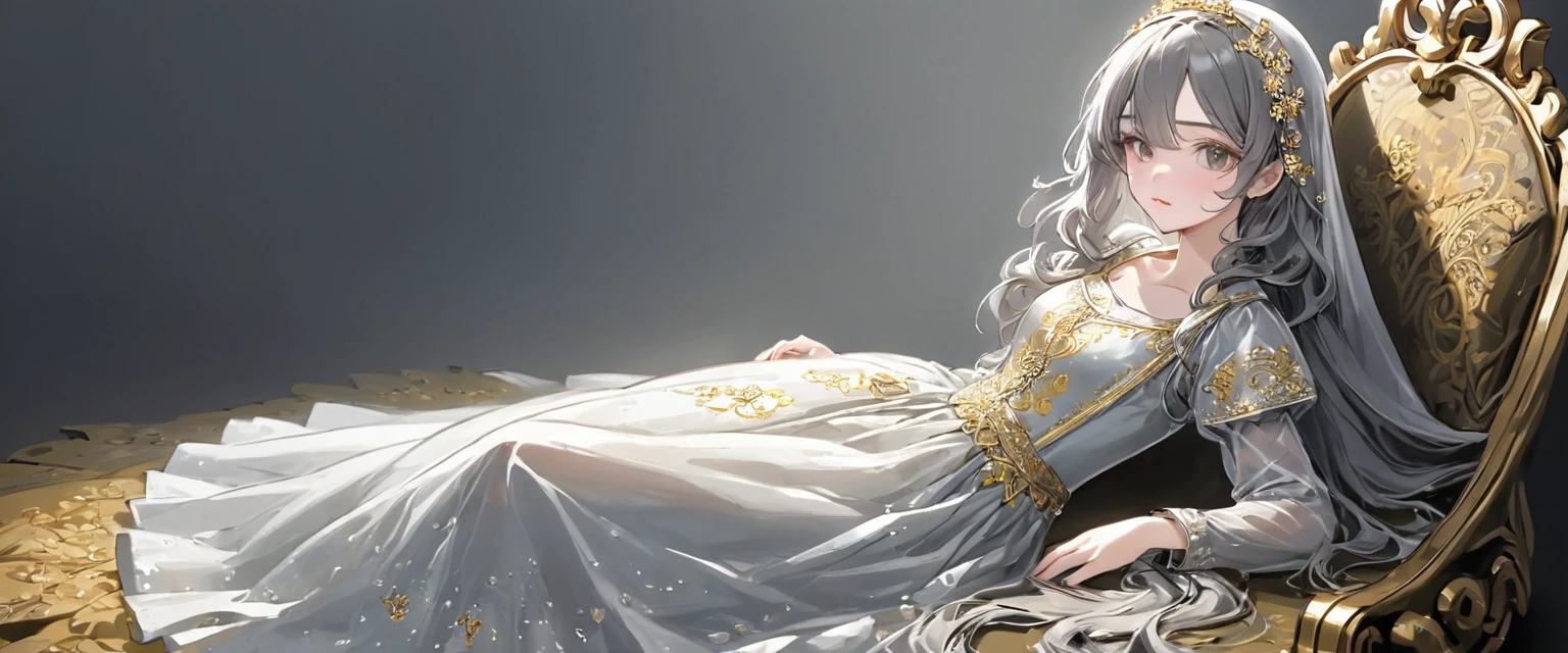 girl, Gold and silver embroidery, White-gray pearl medieval long dress(With panniers), Translucent fabric, Pull up the dress by hand, Strong winds, Translucent slip, Grey translucent tights, Peeking from below, Highest quality, Disorder of clothing, sit