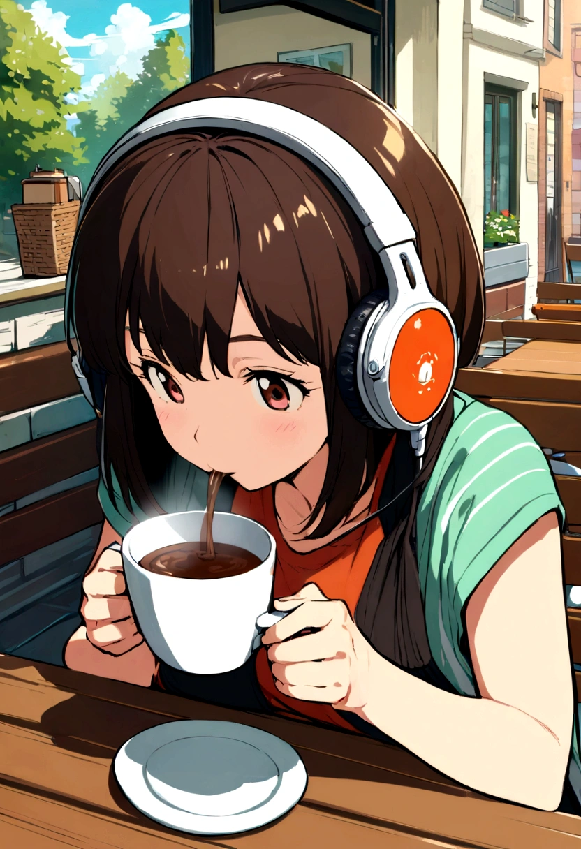 Urban cafe with terrace,wide々And in space , Woman drinking coffee , Wearing headphones , Studio Ghibli Animation , Warm sunshine , masterpiece