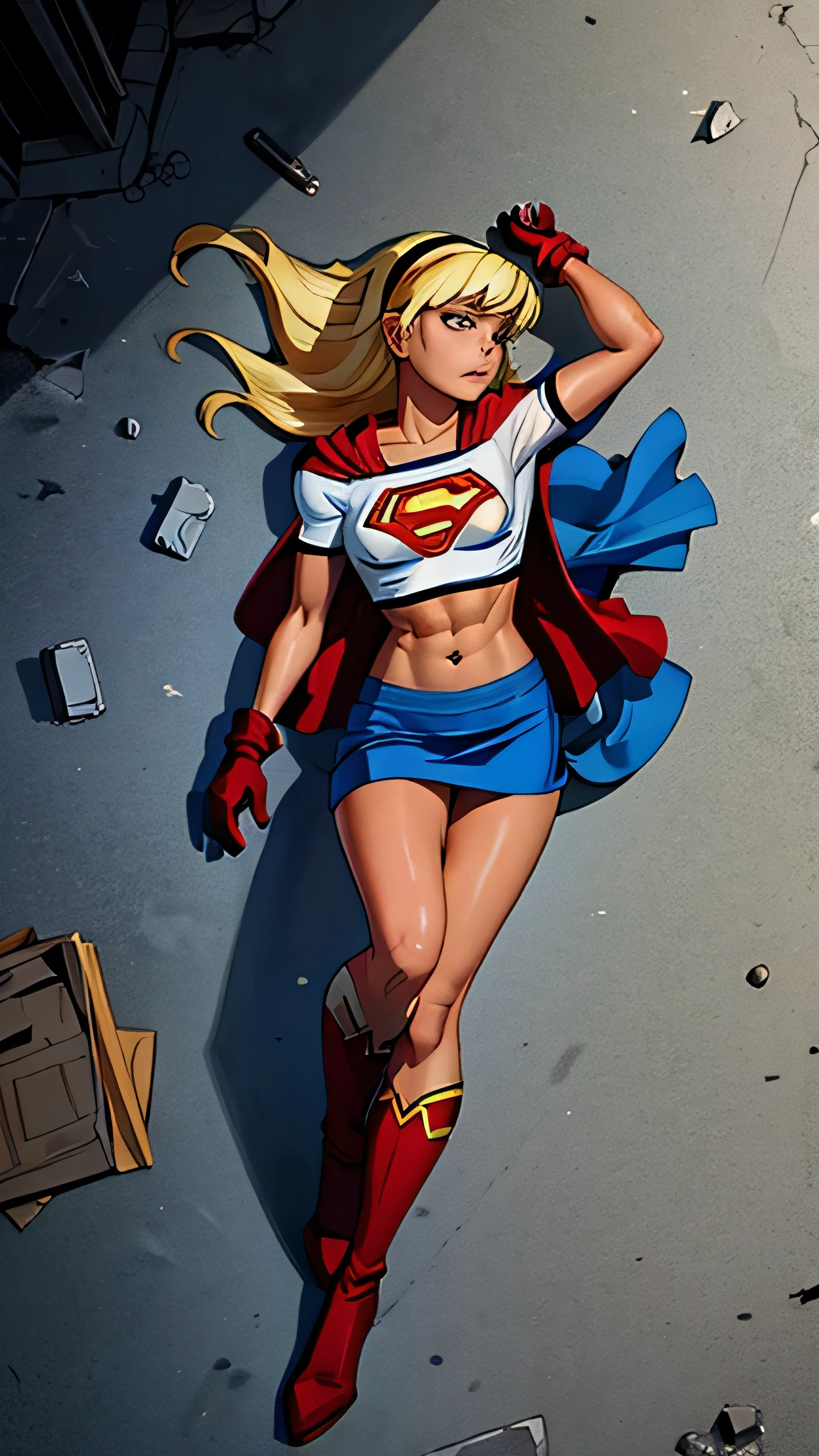 (cowboy shot), SFW, (work-premium), (Best quality: 1.0), (ultra-high resolution: 1. 0), detailed eyes, QUEBRAR Supergirl, 1 girl, Long blonde hair, Not with, Flying Headband, short top, short sleeves, cape, blue pencil skirt, gloves, QUEBRAR Boots (clouds, ruined city, apocalyptic post-sight) in exotic and sensual pose, six pack, abs, (full body), (lying down, knocked out, lying on the floor)