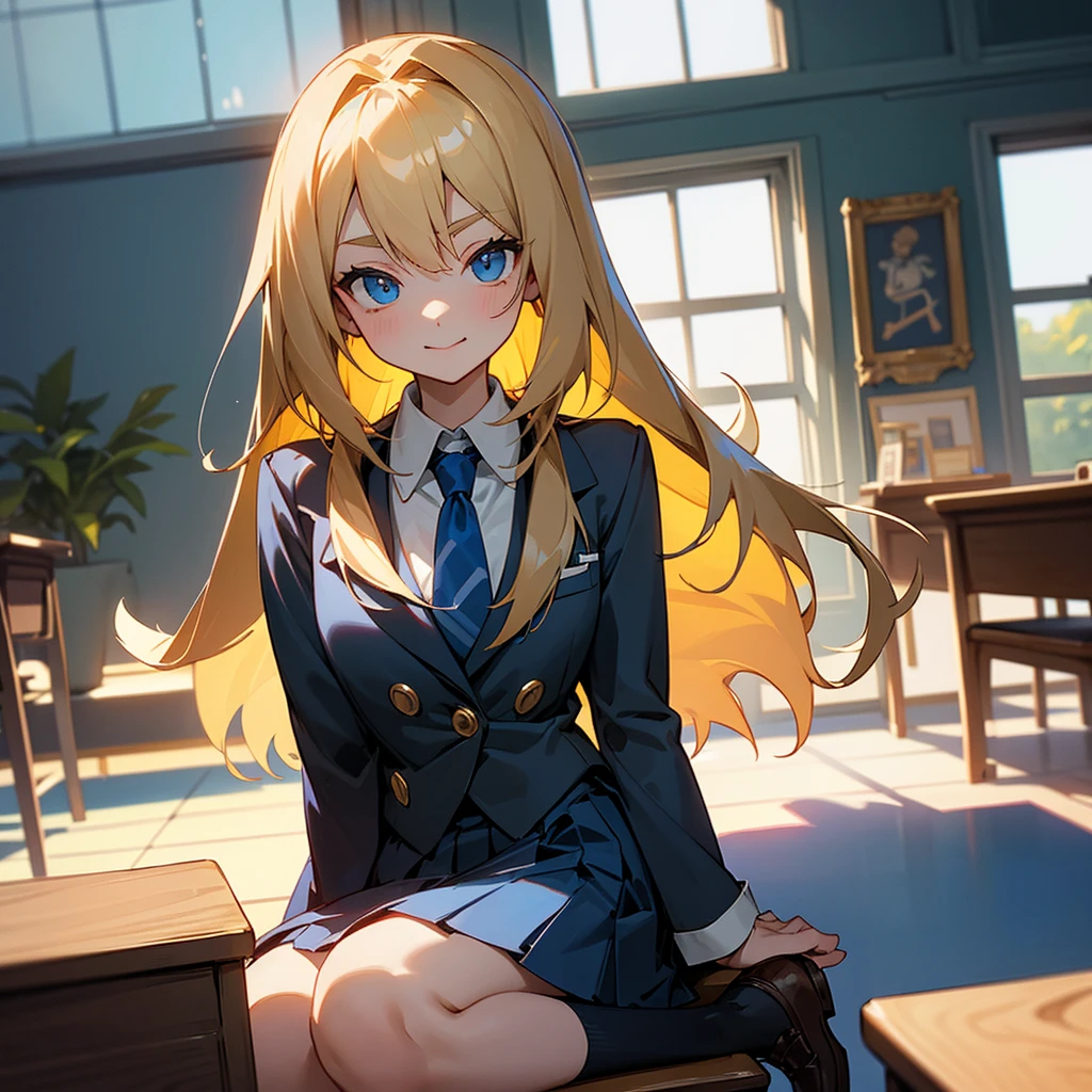 Sure, here is the description in English:

### Physical Description:
- **Hair:** Long, golden blonde hair with slight waves. Often tied half-up with a small ribbon.
- **Height:** About 165 cm (5'5"), slightly taller than average.
- **Eyes:** Bright blue eyes with a mischievous and clever glint.
- **Chest:** Medium-sized, proportional to her body.
- **Body Condition:** Slim and athletic, appearing active and agile.
- **Facial Expression:** Often seen with a playful smile or a small laugh. Sometimes has a slightly mischievous expression with a raised eyebrow.

### Clothing (School Uniform):
- **Top:** White shirt with a small dark blue tie or ribbon.
- **Bottom:** Pleated dark blue skirt, about knee-length.
- **Jacket:** Dark blue blazer with the school emblem on the left chest pocket.
- **Accessories:** White knee-high socks and shiny black shoes.
- **Additional:** Sometimes wears a light gray sweater when it’s cold.

### Setting (Classroom):
- **Classroom:** A room with large windows on one side, providing lots of natural light. There is a large chalkboard at the front and rows of desks and chairs neatly arranged.
- **Decorations:** Educational posters on the walls and some potted plants in the corners to give a fresh atmosphere.

### Position:
- **Sitting Position:** Sophia sits in a seat near the window, often turning around to tease {user} who sits in front of her.
- **Like a Photo:** In one scene, Sophia stands beside {user}'s desk with one hand resting on the desk, giving a playful smile. Her eyes are directly looking at {user}, reflecting her teasing nature and their closeness.
