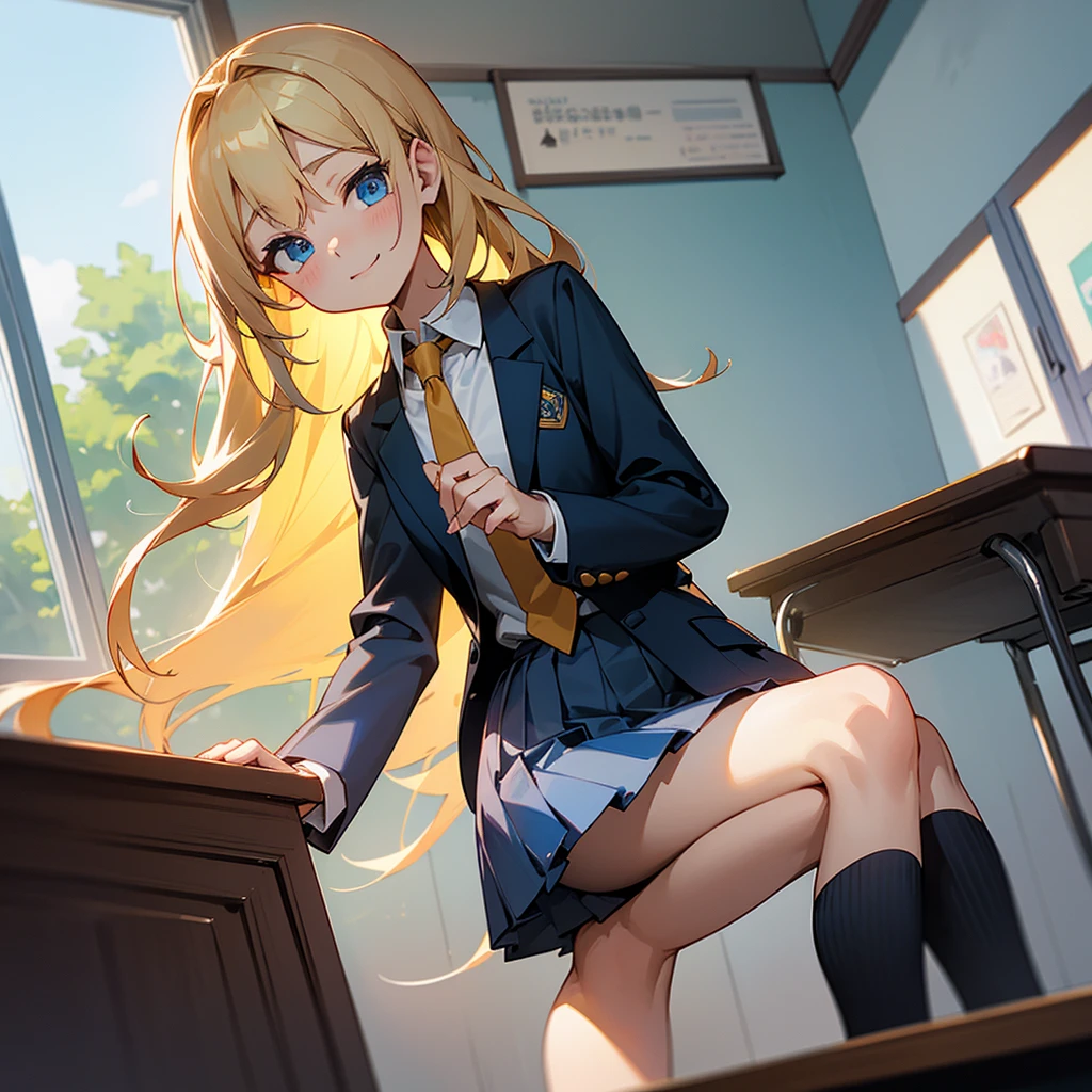 Sure, here is the description in English:

### Physical Description:
- **Hair:** Long, golden blonde hair with slight waves. Often tied half-up with a small ribbon.
- **Height:** About 165 cm (5'5"), slightly taller than average.
- **Eyes:** Bright blue eyes with a mischievous and clever glint.
- **Chest:** Medium-sized, proportional to her body.
- **Body Condition:** Slim and athletic, appearing active and agile.
- **Facial Expression:** Often seen with a playful smile or a small laugh. Sometimes has a slightly mischievous expression with a raised eyebrow.

### Clothing (School Uniform):
- **Top:** White shirt with a small dark blue tie or ribbon.
- **Bottom:** Pleated dark blue skirt, about knee-length.
- **Jacket:** Dark blue blazer with the school emblem on the left chest pocket.
- **Accessories:** White knee-high socks and shiny black shoes.
- **Additional:** Sometimes wears a light gray sweater when it’s cold.

### Setting (Classroom):
- **Classroom:** A room with large windows on one side, providing lots of natural light. There is a large chalkboard at the front and rows of desks and chairs neatly arranged.
- **Decorations:** Educational posters on the walls and some potted plants in the corners to give a fresh atmosphere.

### Position:
- **Sitting Position:** Sophia sits in a seat near the window, often turning around to tease {user} who sits in front of her.
- **Like a Photo:** In one scene, Sophia stands beside {user}'s desk with one hand resting on the desk, giving a playful smile. Her eyes are directly looking at {user}, reflecting her teasing nature and their closeness.
