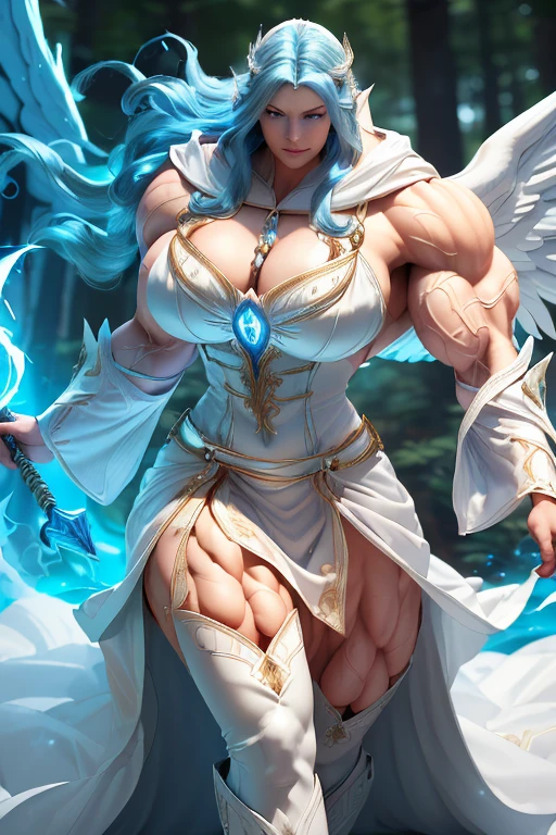((((Massive, tall, beautiful, buff, muscular pale white skinned woman mage with royal blue hair, huge angel wings, ginormous bulky muscles, holding a wind mage staff and wearing a beautiful hooded white enchanted robe with long long skirt)))), (close-up view), vascular, massive muscle, massive biceps, hyper muscle shoulders, hyper muscle triceps, (long wavy curly hair), white eyes, (wearing a long extremely intricate robes, long magical robes), (white mage boots), smirk, white gauntlets, (in a windy sky forest), evening, Vascular arms, hyper vascular arm, hyper muscles arms, hyper muscle legs, massive arms.