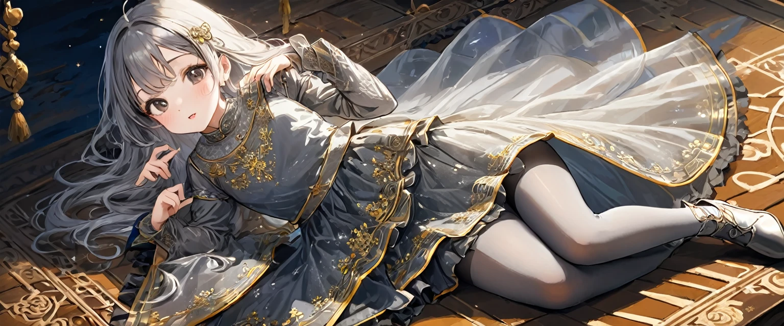 girl, Gold and silver embroidery, Platinum and pearl medieval long dress（With panniers）, Translucent fabric, Pull up the dress by hand, Strong winds, Translucent slip, Grey translucent tights, ８歳のgirl, Gold and silver embroidery, medieval mini dress（With panniers）, Translucent fabric, Pull up your skirt, Strong winds, Translucent slip, Grey translucent tights, Peeking from below, Highest quality, Disorder of clothing, Lying down, underwear, Show off your thighs, night, Skirt lining
