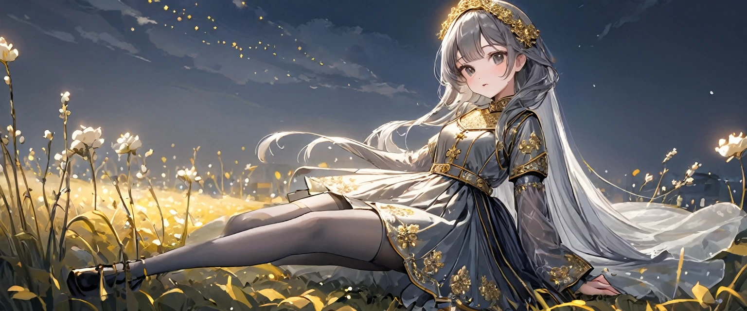 girl, Gold and silver embroidery, Platinum and pearl medieval long dress（With panniers）, Translucent fabric, Pull up the dress by hand, Strong winds, Translucent slip, Grey translucent tights, ８歳のgirl, Gold and silver embroidery, medieval mini dress（With panniers）, Translucent fabric, Pull up your skirt, Strong winds, Translucent slip, Grey translucent tights, Peeking from below, Highest quality, Disorder of clothing, Lying down, underwear, Show off your thighs, night, Skirt lining