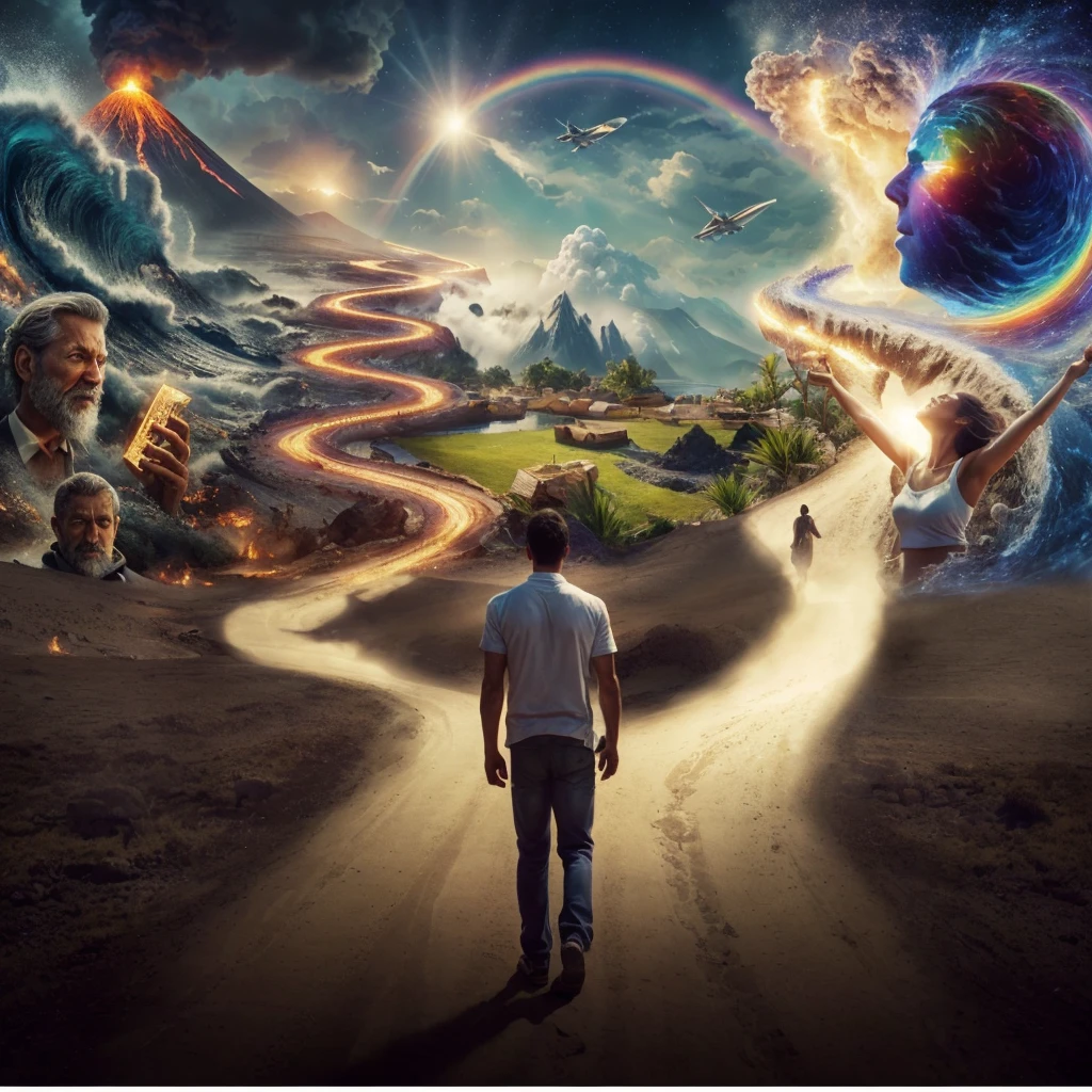 Very real image. There are two paths, one that leads you to destruction where there are volcanoes erupting, earthquakes, tidal waves, poor people. Another path that takes you to spirituality, to happiness, to goodness, to the connection with nature, both paths lead to paradise. Photorealism, full view, very detailed image, very realistic, hyperrealism, Ultra HD, 8k, 5, sharp focus, intricate and mysterious masterpiece. (Long exposure photography Highly detailed close-up portrait art illustration: final quality, medium shot, backlit, rich and striking. Enigmatic and mysterious manipulations (rule of thirds composition), ((detailed environment with strong lines) The best quality, in camera, white light, warm and clean aesthetics, dazzling screen composed of millions of bright ultraviolet rays, HDR.