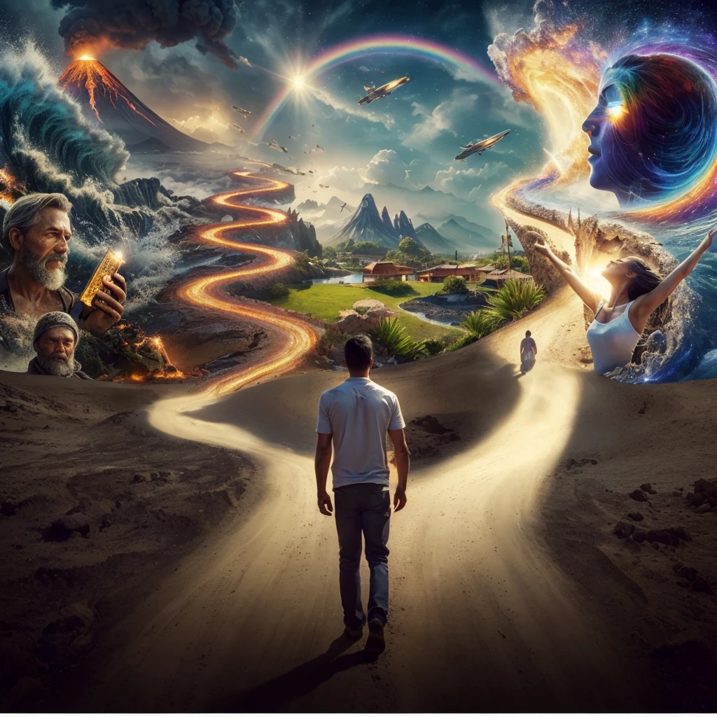 Very real image. There are two paths, one that leads you to destruction where there are volcanoes erupting, earthquakes, tidal waves, poor people. Another path that takes you to spirituality, to happiness, to goodness, to the connection with nature, both paths lead to paradise. Photorealism, full view, very detailed image, very realistic, hyperrealism, Ultra HD, 8k, 5, sharp focus, intricate and mysterious masterpiece. (Long exposure photography Highly detailed close-up portrait art illustration: final quality, medium shot, backlit, rich and striking. Enigmatic and mysterious manipulations (rule of thirds composition), ((detailed environment with strong lines) The best quality, in camera, white light, warm and clean aesthetics, dazzling screen composed of millions of bright ultraviolet rays, HDR.