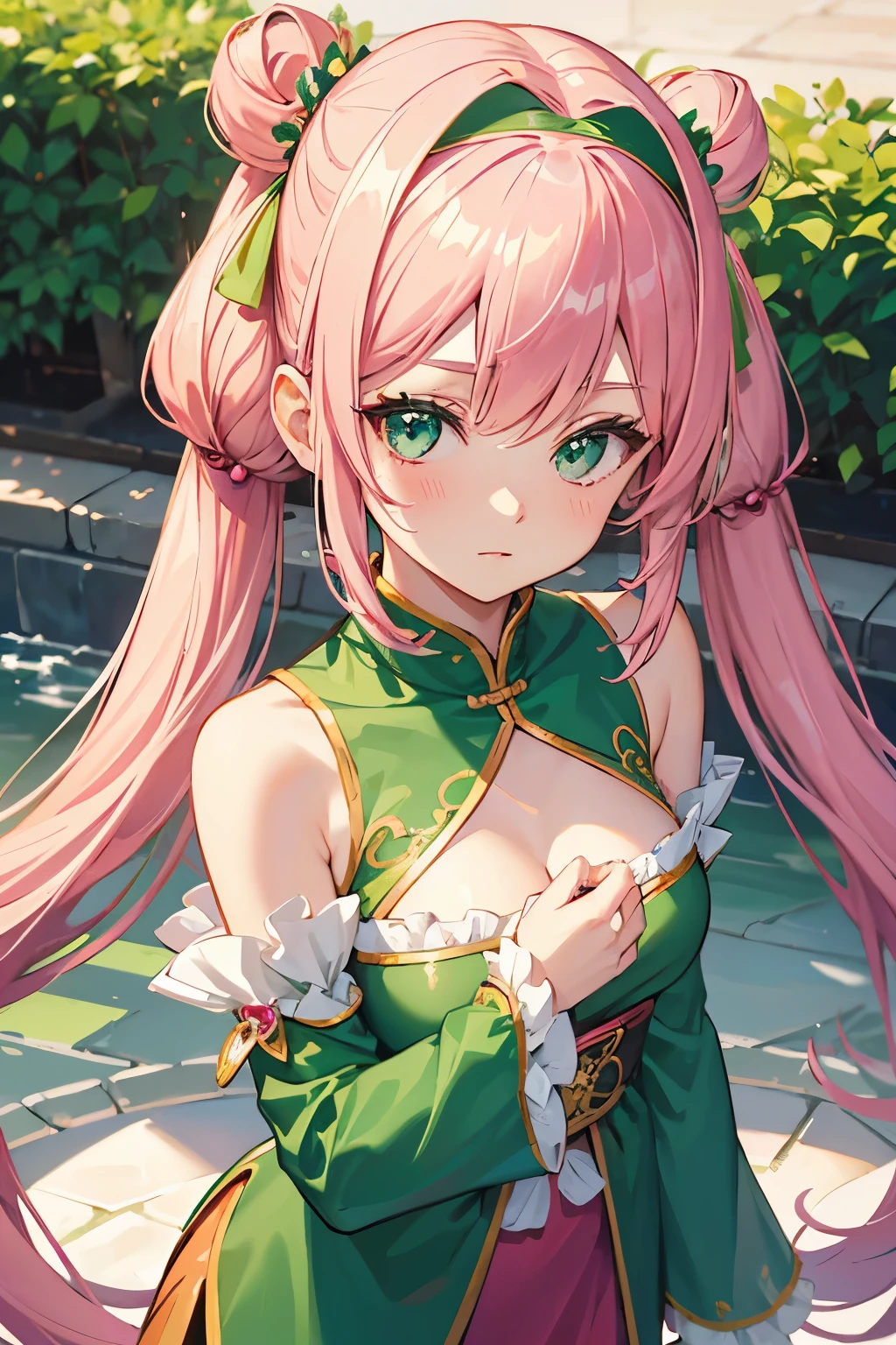 Beautiful,Shy,Girl,solo,Pink hair, Green eyes with heart in eyes,Green ribbons headband,Emerald necklace,Pink chinese national dress, Tall 167 cm., Long twintails,breast