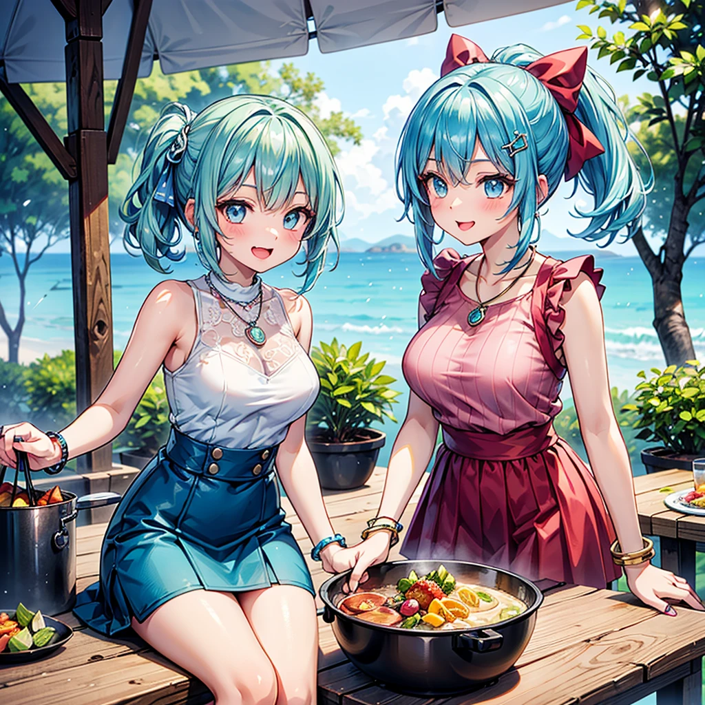 Anime Moe Art Style,Highest quality,High resolution,Anatomically correct,One Girl,Mid-teens,A girl with light blue hair in a ponytail,Super detailed,Fantasy World,Sleeveless blouse,mini skirt,Big Breasts,Shiny skin,Beautiful Skin,A rich expression,Laughing with your mouth open,Preparing for camp,Preparing a meal,Outdoor,Eyes drawn in detail,hair ornaments,necklace,bracelet,ring,8K