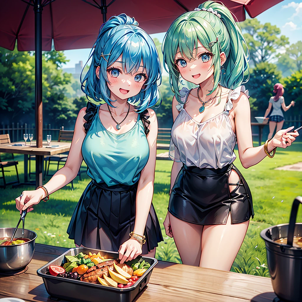 Anime Moe Art Style,Highest quality,High resolution,Anatomically correct,One Girl,Mid-teens,A girl with light blue hair in a ponytail,Super detailed,Fantasy World,Sleeveless blouse,mini skirt,Big Breasts,Shiny skin,Beautiful Skin,A rich expression,Laughing with your mouth open,Preparing for camp,Preparing a meal,Outdoor,Eyes drawn in detail,hair ornaments,necklace,bracelet,ring,8K