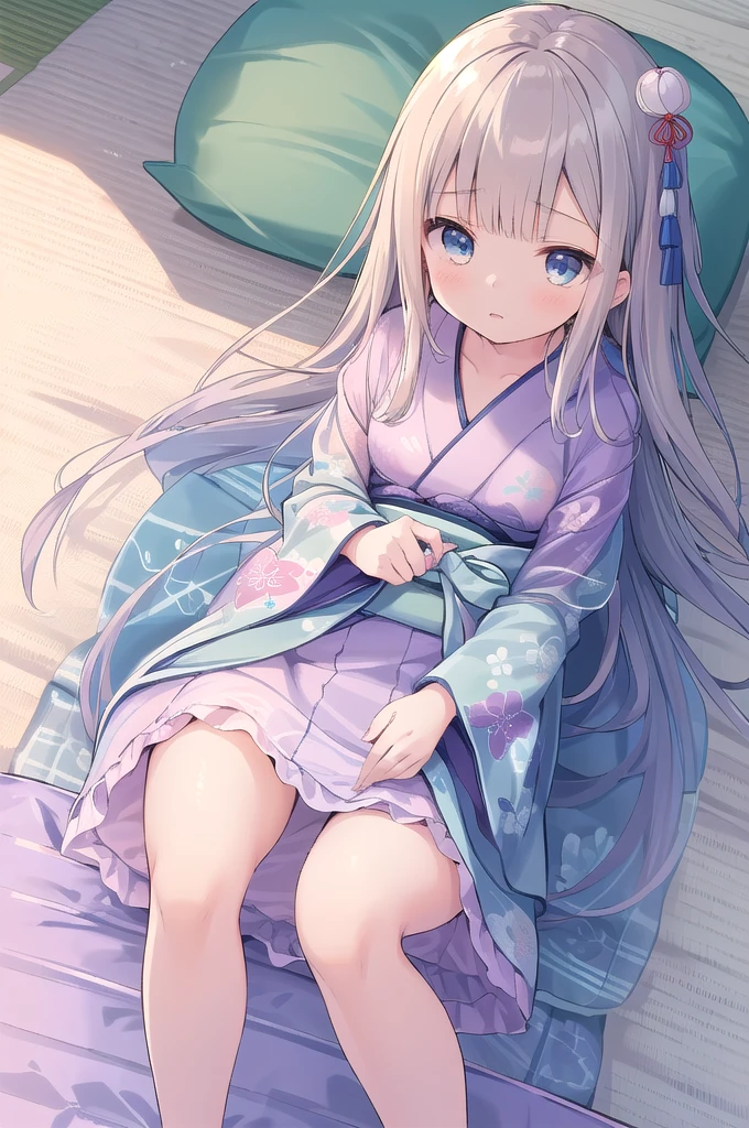 dress lift Transparent see-through　yukata,wearing japanese yukata,print light blue stripe yukata,(plain color yukata:1.3), (a girl sitting on futon :1.5), (Japanese-style room, tatami, futon ,mattress, pillow:1.3),,((NSFW))　((hentai))Long Hair　Toddler girl　5 years old