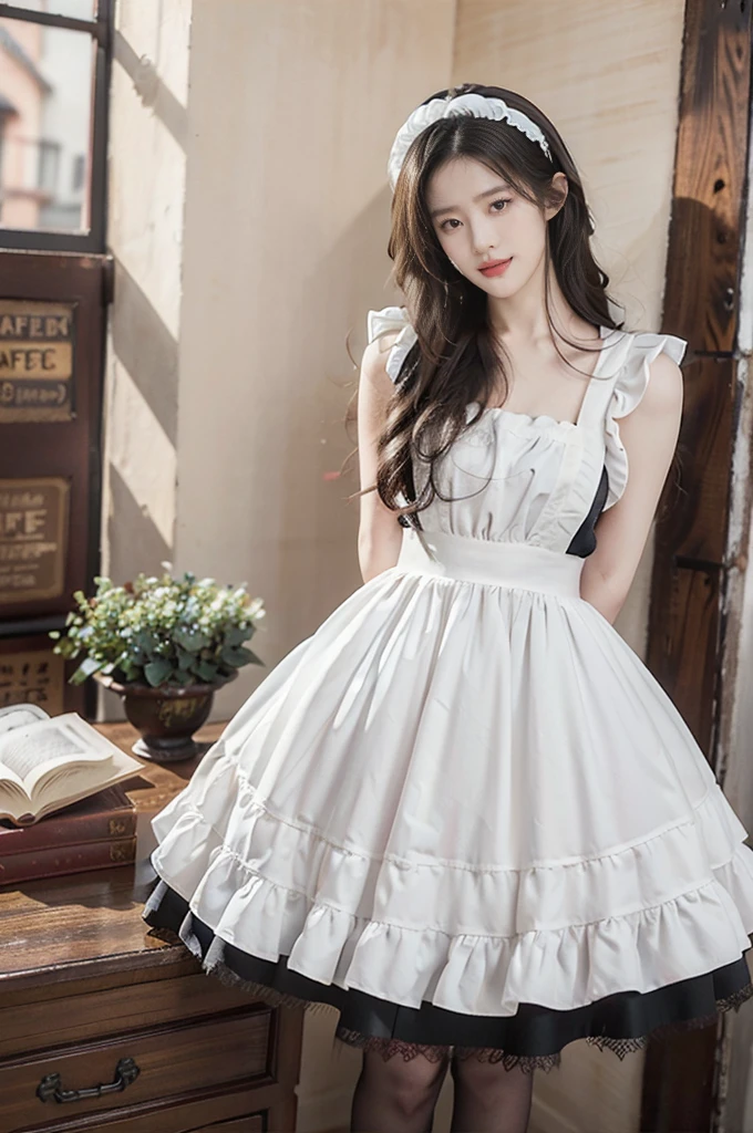 (((best quality))),(((ultra detailed))),(((masterpiece))),illustration,1girl,maid cafe,stunningly beautiful,slim,medium straight bob hair,flat chest,deep captivating eyes,maid costume,see through lace apron,bare arms,arms behind back,slender legs,pantyhose,graceful movements,confident charm,warm genuine smile,France cafe,sliding paper doors,delicious coffee pastries,warm inviting atmosphere,joyful eyes,Coffee Machine,upper body