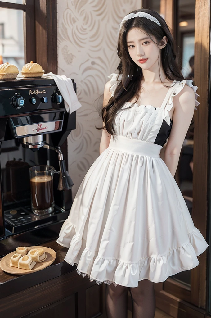 (((best quality))),(((ultra detailed))),(((masterpiece))),illustration,1girl,maid cafe,stunningly beautiful,slim,medium straight bob hair,flat chest,deep captivating eyes,maid costume,see through lace apron,bare arms,arms behind back,slender legs,pantyhose,graceful movements,confident charm,warm genuine smile,France cafe,sliding paper doors,delicious coffee pastries,warm inviting atmosphere,joyful eyes,Coffee Machine,upper body