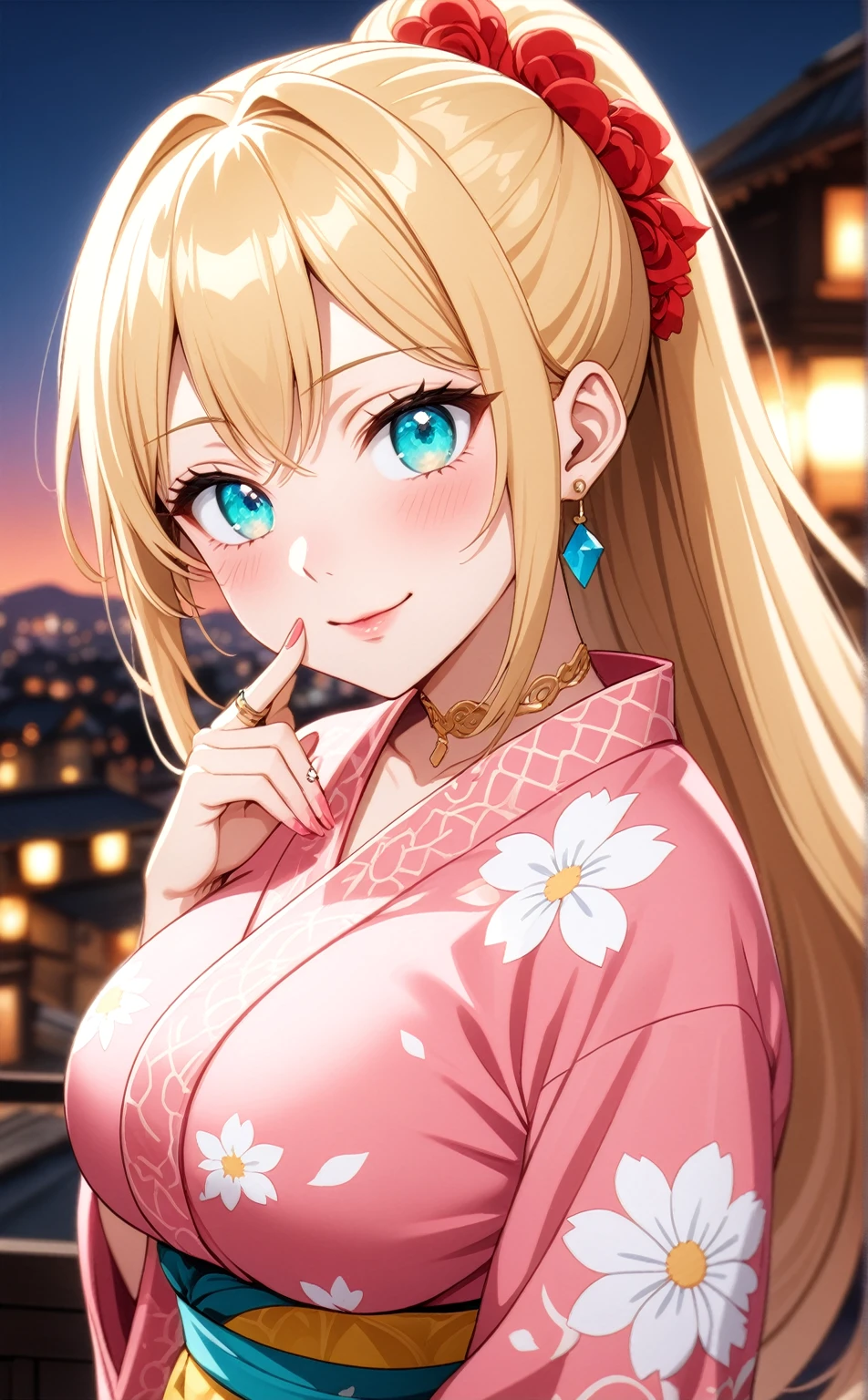 ((One personの女性)), Beautiful Face, face focus,smile,((Wink:1.5)), (tongue out),((Red cheeks:1.4)),Glossy pink lips,(finger to mouth),night,rooftop,Festive decorations,You can see the ocean, firework,((Anime style background)),masterpiece, Highest quality, so beautiful, Latest, Complex details, (Pink long nails),(ring),(flower bracelet),Floral choker,AI-generated, Complex,High resolution, Highest quality, super high quality,3D Images、View your viewers、3D Images,One person,Long blonde hair,High Ponytail,Turquoise Eyes,Anime woman posing for a photo, (Fine grain, gradient eyes,Shining Eyes:1.4),(Squint your eyes:1.1),a hyperRealistic , hyperRealistic , Realistic,Blonde anime woman with long hair, Smooth anime CG art, A woman in a colorful kimono with gold embroidery, (Pink long sleeve kimono),Red floral pattern,Long flower hair ornament,Large floral earrings,(ring),(Big Breasts:1.2),Mature Body,Tall,Big Ass,Narrow waist,Abdominal muscles,(Zoom in on face:2.0),(Photographed from the front)