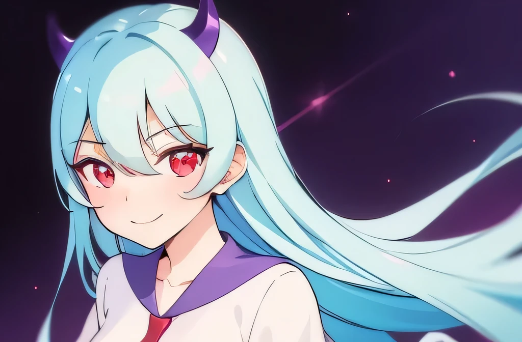 masterpiece,best quality,1 girl,Red eyes,cyan hair,Bania,end,Purple corners smooth,White ,Smile,Love gestures