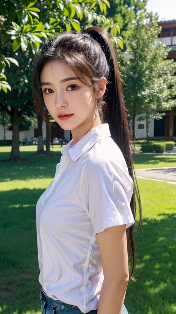 White collared shirt,jeans,outdoors,Urban Park,On the lawn,One woman,close up face,fully body photo,masutepiece, The highest image quality, High quality, the background is clear，Beautiful woman, Japanese, Detailed, Ultra-detailed, finely detail, hight resolution, 8K Wallpaper, Perfect dynamic composition, Beautiful detailed eyes ,Detailed eyes, Detailed skin, Beautiful skin, 超hight resolution, (reality: 1.4),Very beautiful woman, Slightly younger face, Beautiful skin, slender, (Ultra photo realsisim), (hight resolution), (8K), (Very detailed) (beautifully detailed eyes), (super detailed),   (Detailed face), view the viewer, Fine details, Detailed face, Staring straight ahead, Staring straight ahead, photos realistic, Bright lighting, Professional Lighting, Black hair,poneyTail,a baby face,sixteen years old,Hairstyle: ponytail,Long ponytail hairstyle,slight smile,