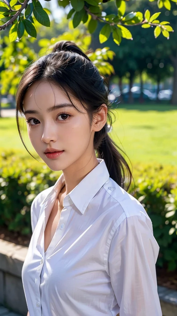 White collared shirt,jeans,outdoors,Urban Park,On the lawn,One woman,close up face,fully body photo,masutepiece, The highest image quality, High quality, the background is clear,Beautiful woman, Japanese, Detailed, Ultra-detailed, finely detail, hight resolution, 8K Wallpaper, Perfect dynamic composition, Beautiful detailed eyes ,Detailed eyes, Detailed skin, Beautiful skin, 超hight resolution, (reality: 1.4),Very beautiful woman, Slightly younger face, Beautiful skin, slender, (Ultra photo realsisim), (hight resolution), (8K), (Very detailed) (beautifully detailed eyes), (super detailed), (Detailed face), view the viewer, Fine details, Detailed face, Staring straight ahead, Staring straight ahead, photos realistic, Bright lighting, Professional Lighting, Black hair,poneyTail,a baby face,sixteen years old,Hairstyle: ponytail,Long ponytail hairstyle,slight smile,
