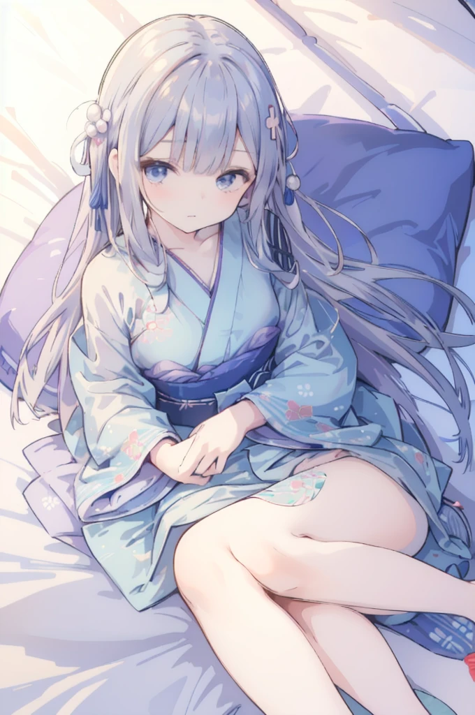 dress lift Transparent see-through yukata,wearing japanese yukata,print light blue stripe yukata,(plain color yukata:1.3), (a girl sitting on futon :1.5), (Japanese-style room, tatami, futon ,mattress, pillow:1.3),,((NSFW)) ((hentai))Long Hair Toddler girl 5 years old