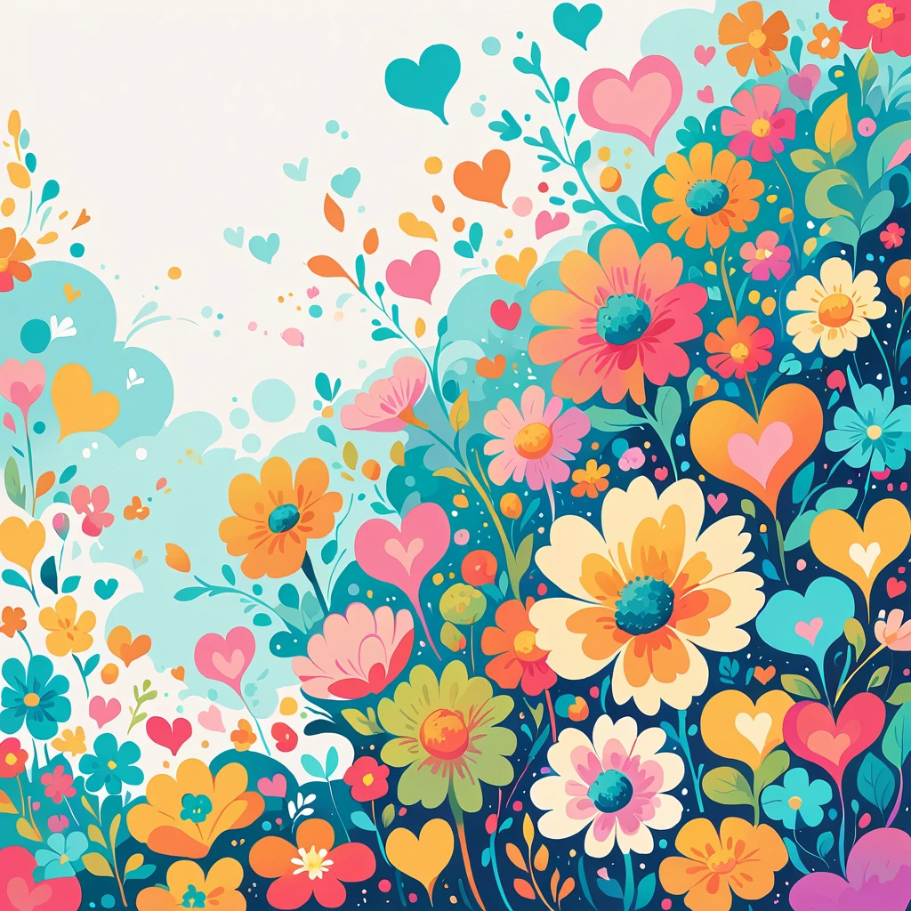 lack style, Simple Line Initialism,Abstract art,Urban Background, colorful hearts ,colorful flowers, No people, dreams