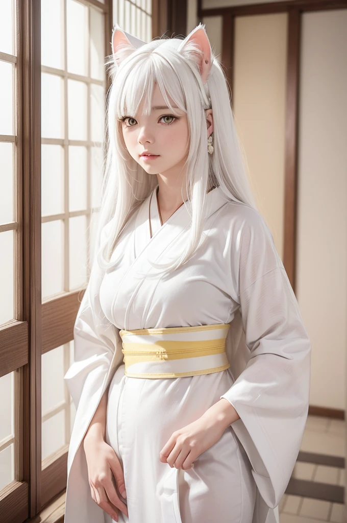 in 8in 8K,top-quality,Real Image,intricate detailes,超A high resolution,Depth Field,masuter piece,natural soft light,profetional lighting,1 girl in,(cute little:1.2),an extremely beautiful ,A detailed eye,I can see panties,Delicate thighs visible from the front, ((white hair:1.5, white cat ears:1.8, long hair:1.8, front fringe, yellow eyes, medium breasts, white kimono:1.5), snow garden, sexy pose,