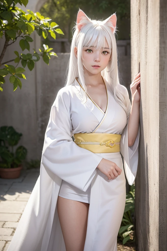 in 8in 8K,top-quality,Real Image,intricate detailes,超A high resolution,Depth Field,masuter piece,natural soft light,profetional lighting,1 girl in,(cute little:1.2),an extremely beautiful 17-year-old girl,A detailed eye,I can see panties,Delicate thighs visible from the front, ((white hair:1.5, white cat ears:1.8, long hair:1.8, front fringe, yellow eyes:1.5, medium breasts, white kimono:1.5), snow garden, sexy pose,