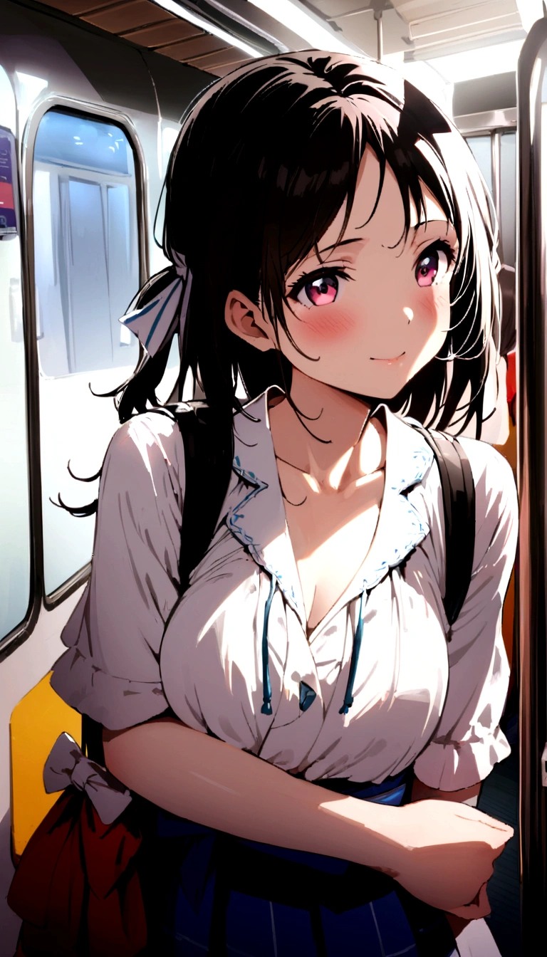 There is a woman standing on the subway with a backpack.,  Young and cute gravure idol, Young and sexy gravure idol, portrait of a Japanese teen, wearing Japanese , Japanese girl , , Japanese , Japanese model, cute ,F Cup