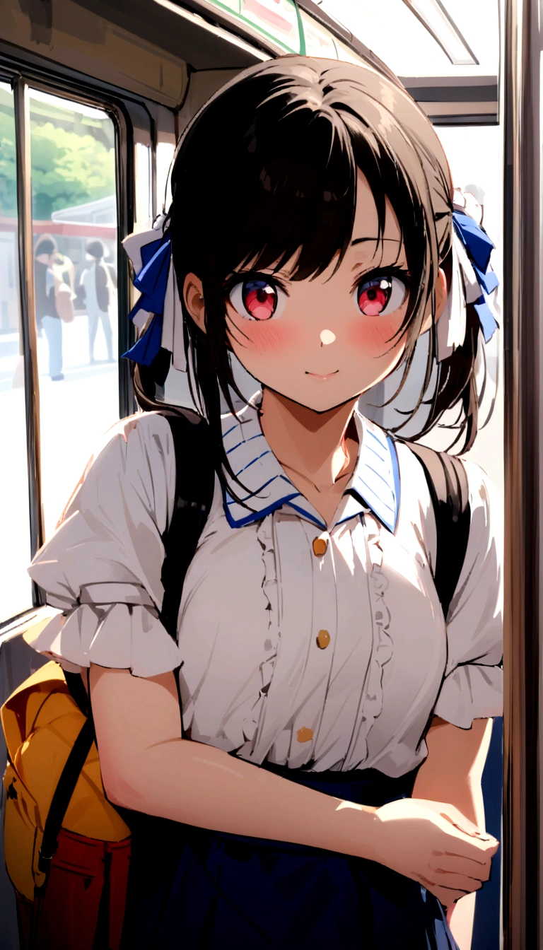There is a woman standing on the subway with a backpack., Young and cute gravure idol, Young and sexy gravure idol, portrait of a Japanese teen, wearing Japanese , Japanese girl , , Japanese , Japanese model, cute ,F Cup