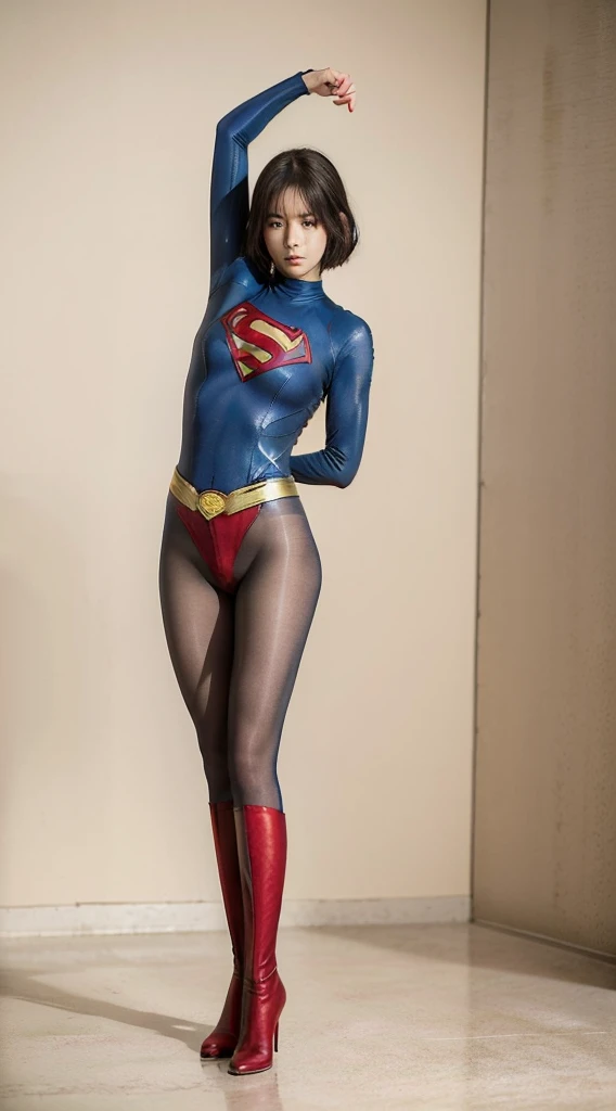 No background、extinct、She always has a troubled look on her face、Always close your eyes、Keep your arms up at all timesおく、Keep your arms up at all times、(((Beautiful legs in black tights.)))、(((Stretch your legs、expensive、あなたのsufferingを合法的に表現する)))、((((Make the most of your original images)))、(((Supergirl Costume)))、(((Beautiful short bob hair)))、(((suffering)))、(((Black tights legs、Wear red boots)))、((Best image quality、8K))、((Highest quality、8K、masterpiece:1.3))、(((Preserve background )))、Sharp focus:1.2、Beautiful woman with perfect figure:1.4、Slim Abs:1.2、Wet body:1.5、Highly detailed face and skin texture、8K