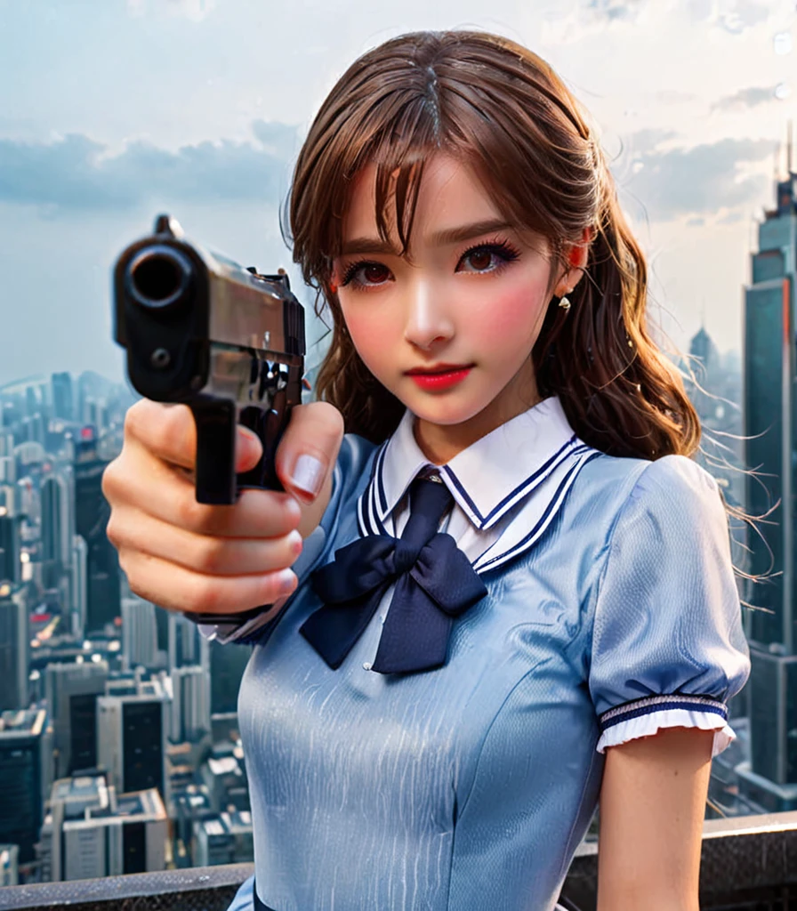 of the highest quality、16K High Resolution、Super detailed、masterpiece、live shooting、photorealistic:1.4、Hyperrealism:1.4、sharp focus、very delicate and beautiful、fine details、1chics european girl、(Super beautiful)、(beautiful face:1.a)、(detailed face:1.5)、They are standing、(high school uniform:1.1)、sexy dress、、(atar)、(very short dress:1.1)、Brown hair、(dark makeup)、(roof of a skyscraper:1.5)、(evening:1.3)、(The wind blows:1.5)、(5 fingers on the hand:1.2)、(He is staring down the barrel of the gun..:1.5)、(thigh up shot)、(gun pointing forward and shooting the gun)