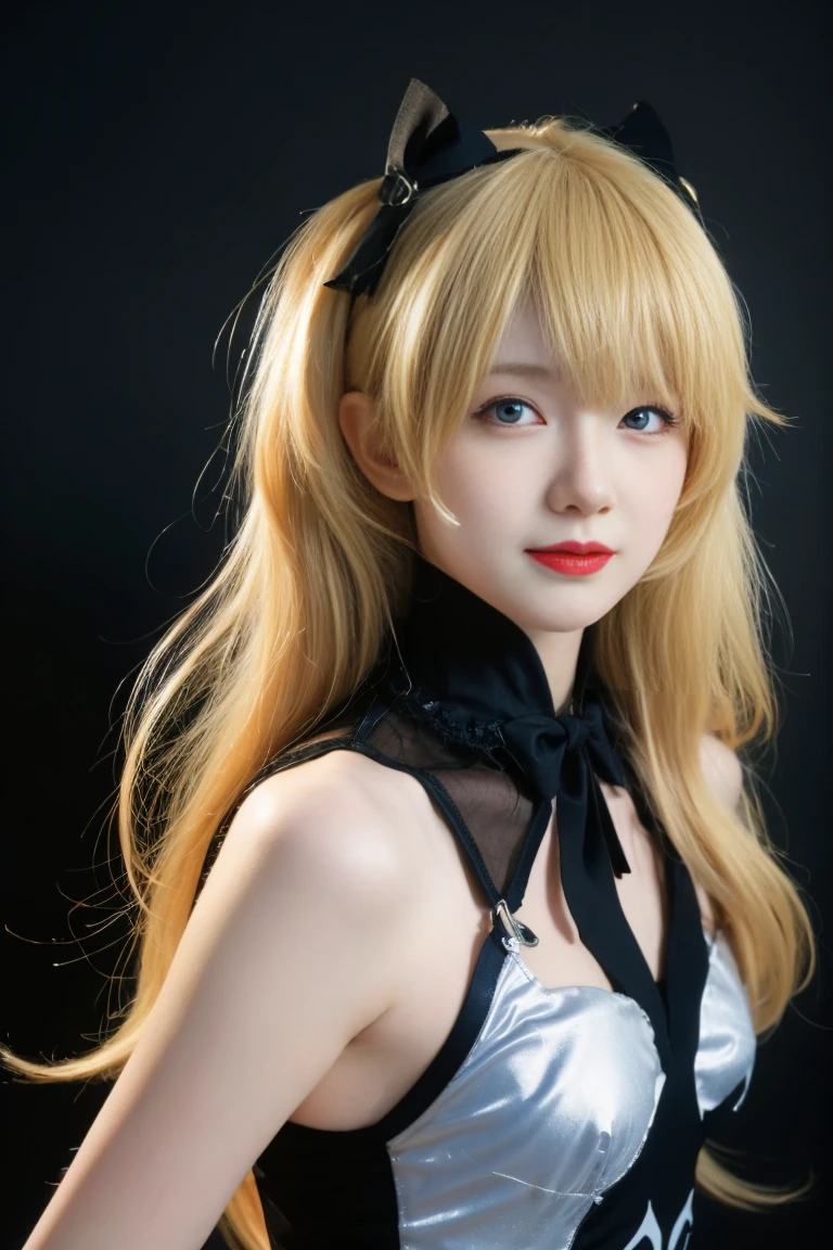 best quality, tmasterpiece,Ultra-high resolution,Clear face,(Reality:1.4),ferpect lighting,(upper body shot:1.5), (photorealistic:1.50), anime wallpaper, Guviz style artwork, cover-up fantasy up to magic , by Yang J, Guviz, beautiful artwork illustration, beautiful digital artwork, beautiful digital illustration, Li Song, beautiful anime portrait, art style in Beauvot, 1girl, fischl_\(genshin_impact\), 独奏, blindfold, green eyes, two sides up, (blonde hair:1.3), Twin tails, breasts, gloves, Fangs, long hair, looking at viewer, bow, smile, closed mouth , leather Fangs, garter straps, bare shoulders, purple bow, white background, bangs, bowtie, hair over one eye, feather, hair ribbon, ribbon, dress, simple background, big breasts, blush on, (black bodysuit:1.5),Cleavage,