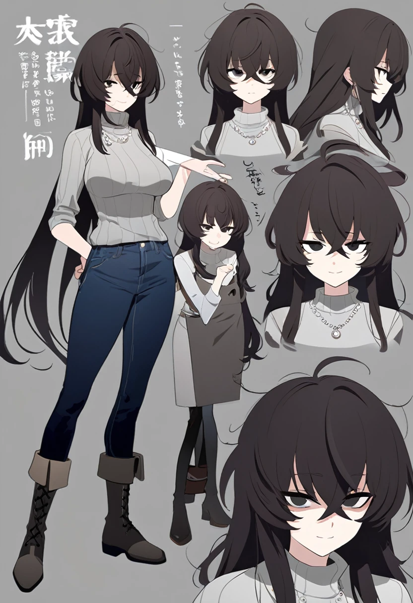 One Woman,Downer,older sister,Concept Art,Dark brown hair,Straight hair with slight inward curls,Staring eyes,Eye Ridge,black eye,Crossed bangs,whole body,smile,Larger breasts,Gray background,Bangs that reach down to the eyes,Messy hair,Tight dark jeans,Gray turtleneck sweater,Multiple views of the same character,Character Design,Dark circles under the eyes,Bad look,Listless,Sloppy,Silver Jewelry,Cafe staff,whole bodyCharacter Design,Detailed hands,Height: 170cm,boots,