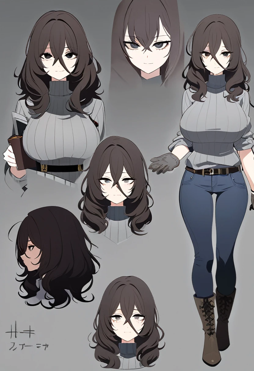 One Woman,Downer,older sister,Concept Art,Dark brown hair,Straight hair with slight inward curls,Staring eyes,Eye Ridge,black eye,Crossed bangs,whole body,smile,Larger breasts,Gray background,Bangs that reach down to the eyes,Messy hair,Tight dark jeans,Gray turtleneck sweater,Multiple views of the same character,Character Design,Dark circles under the eyes,Bad look,Listless,Sloppy,Silver Jewelry,Cafe staff,whole bodyCharacter Design,Detailed hands,Height: 170cm,boots,