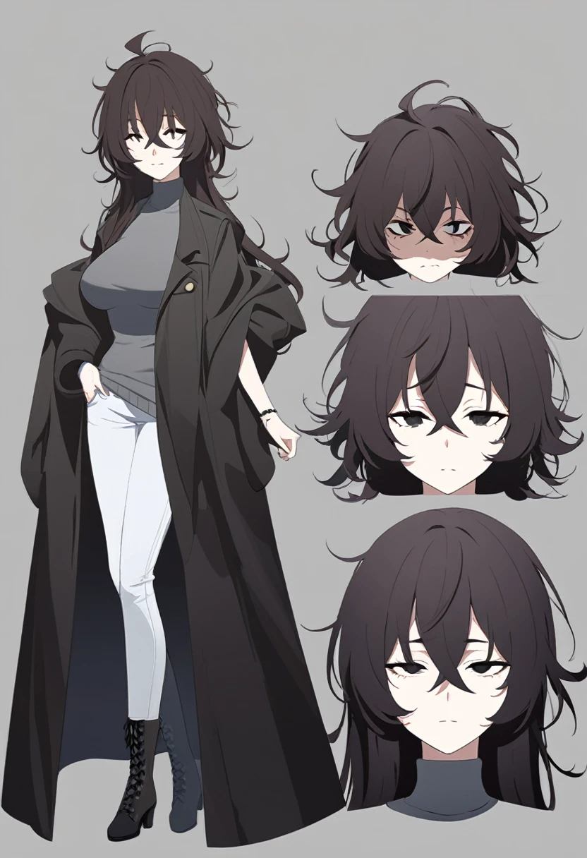 One Woman,Downer,older sister,Concept Art,Dark brown hair,Straight hair with slight inward curls,Staring eyes,Eye Ridge,black eye,Crossed bangs,whole body,smile,Larger breasts,Gray background,Bangs that reach down to the eyes,Messy hair,Tight dark jeans,Gray turtleneck sweater,Multiple views of the same character,Character Design,Dark circles under the eyes,Bad look,Listless,Sloppy,Silver Jewelry,Cafe staff,whole bodyCharacter Design,Detailed hands,Height: 170cm,boots,
