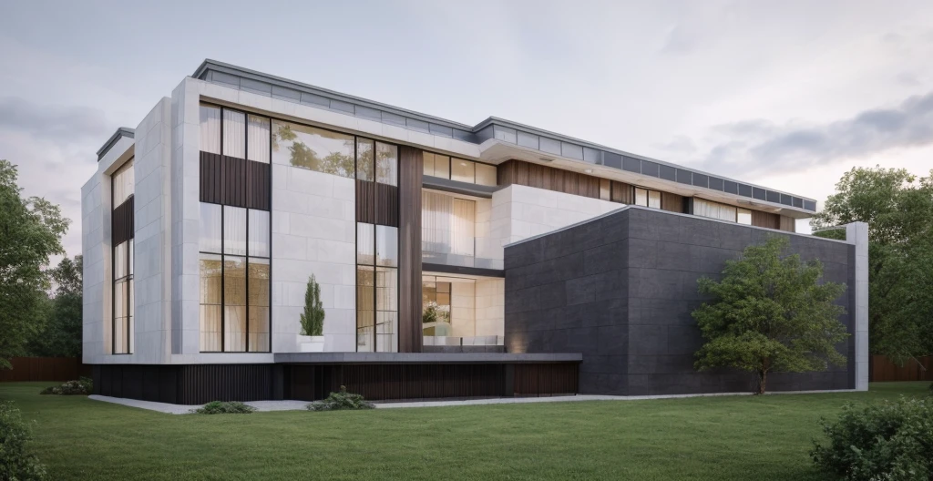 (masterpiece),(high quality), best quality, real,(realistic), super detailed, (full detail),(4k),8k,modern house exterior design,Modern architecture,Sandstone,whitewall,Beautiful_sky,Day light, no_humans, outdoors,sky,tree,Garden flower front of building,
