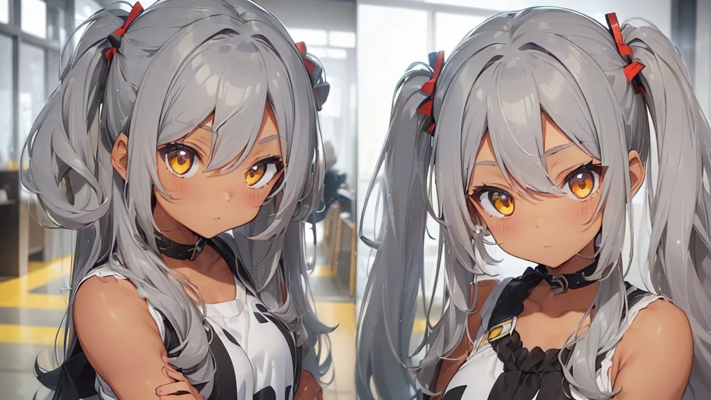 ((((tanned skin)))), ((((grey color hair))), long curly twin-tail hair with tousled ends, messy bangs that show forehead. Large, beautiful yellow eyes. 赤ちゃんプレイ