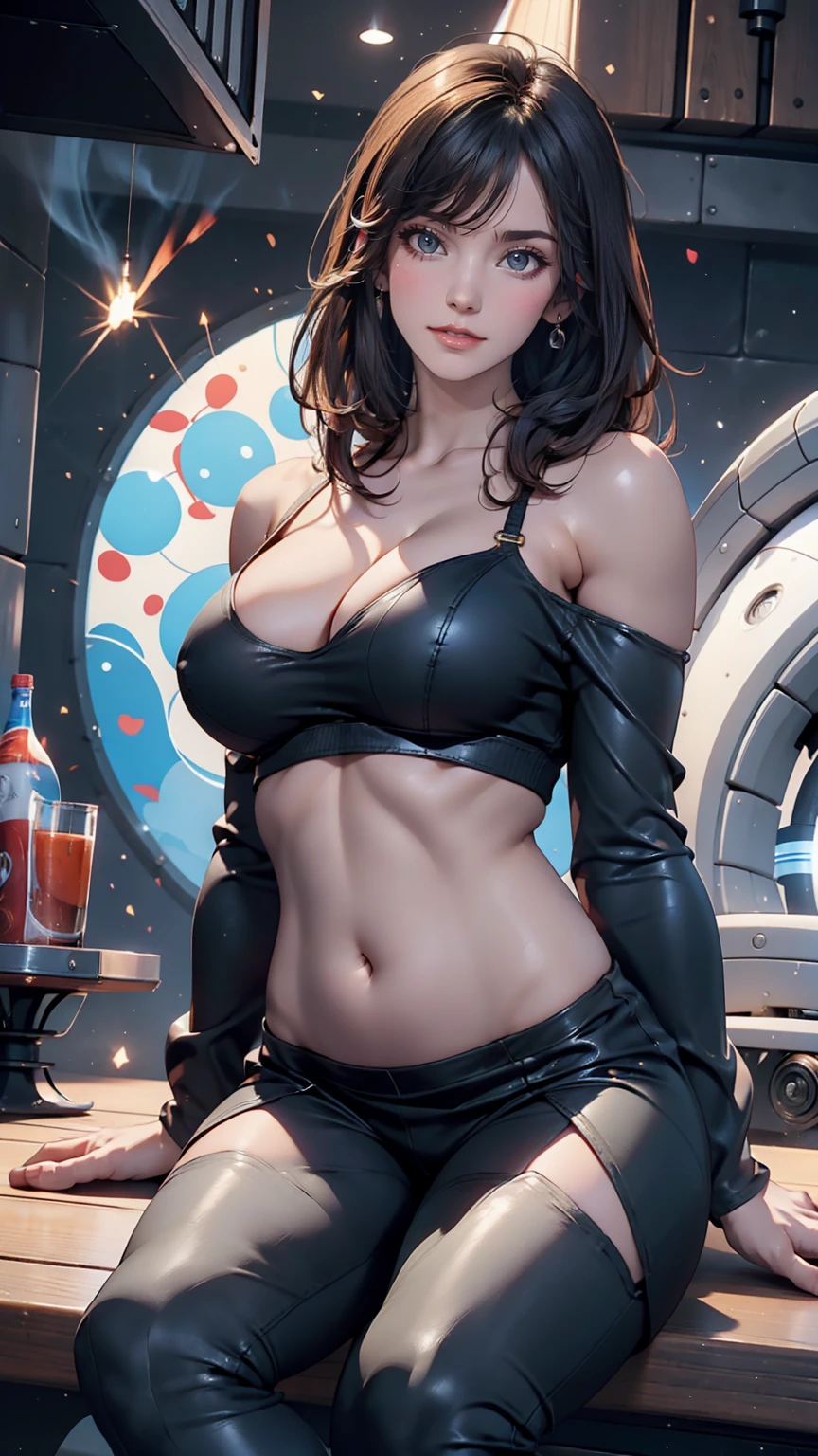 Close-up of a woman holding a shield in red and black, clear eyes, symmetrical eyes, dark eye shadow, {very big breasts}, breasts are exaggeratedly large, breasts too large to hold in both hands, collar pulled up to navel, 8k Artgerm bokeh, extremely detailed ArtGerm, role-playing of the Black Queen of Halley, IG model | Art germ, art germ style, in the style of Marvel and DC, in style art germ, style art germ, style art germ, Art germ: Julie Bell Beepple