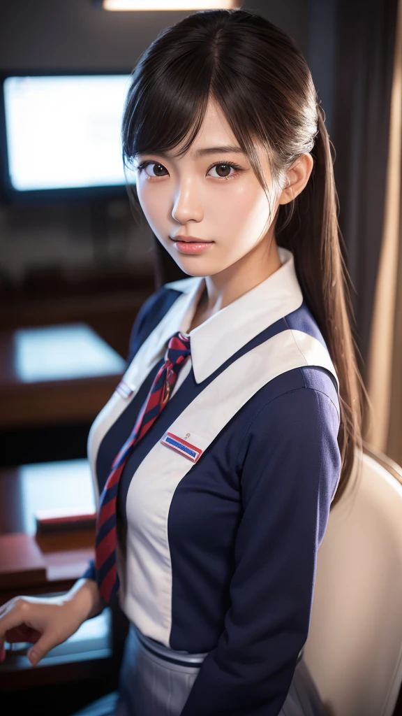 A beautiful young Japanese woman, around 20 years old, wearing a stewardess uniform, ultra-detailed, 8K resolution, highly realistic, cinematic lighting, best quality, masterpiece, photorealistic, physically-based rendering, extremely detailed, vivid colors, professional, sharp focus, studio lighting