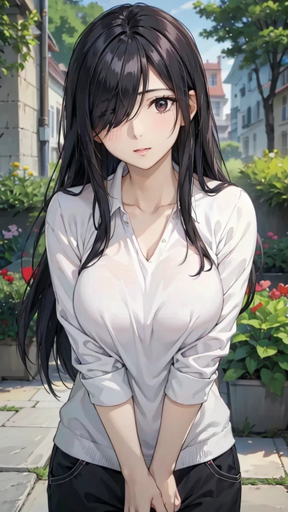 Cute mommy, mature women, realistic skin,perfect ,black hair, long hair, (hair over one eye:1.4), messy hair, hair between eyes, Sexy , sweating,perspire,cute expression , garden