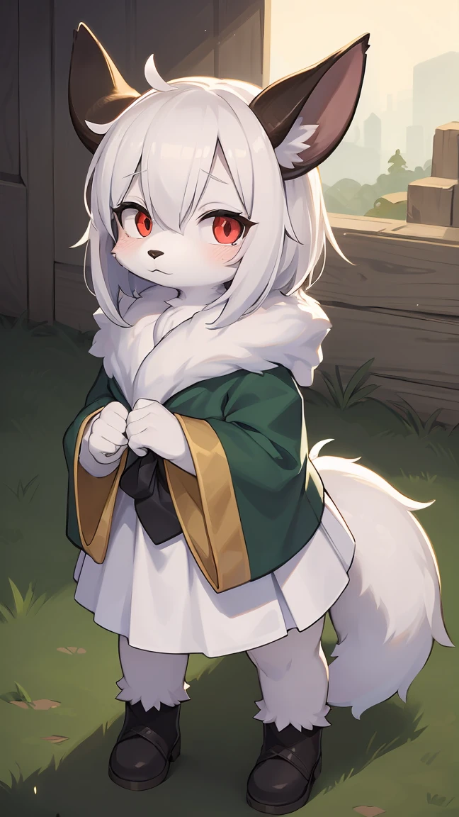 Rori the fox, riding on wolf, was hairy, shaggy, skin fur, smooth lashes, white fur, forelimb hands, straight long white hair, solid circle eyes, ((goat horns)), white facial fur, shiny hair, red eyes, super cute face, 1goat tail, fluffy tail, furry tail, glowing eyes, green cloak, white skirt, standing, sad face, ambient light, ultra-fine fur, dashed eyes, full body, masterpiece, high quality, high-details, best quality, wide short, (((solo)))