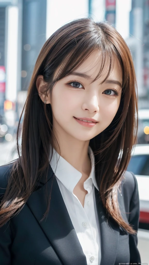 highest quality、genuine、Super detailed、finely、High resolution、8k wallpaper、one beautiful woman、、、light brown disheveled hair、wearing a business suit、sharp focus、perfect dynamic composition、beautiful and detailed eyes、thin hair、Detailed genuine skin texture、smile、model body shape、In Tokyo at morning、