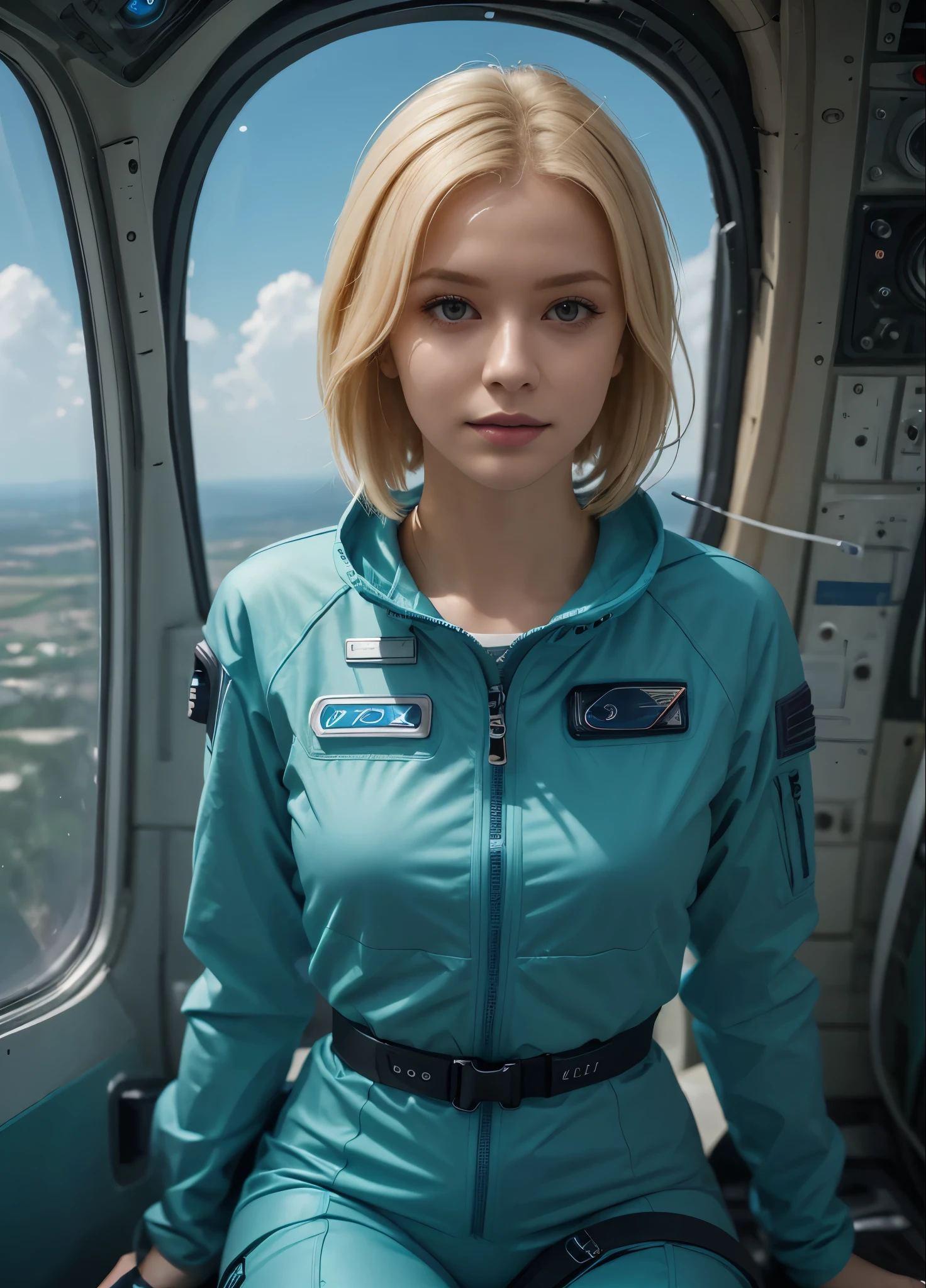 (masterpiece:1.4),(best quality,photorealistic), A beautiful Blonde woman with short hair 28 years old, she is wearing a full length Teal space suit, she has perfect hands and face, she is sitting in a space capsule, there computers and flight controls, and exclusive, Luxury, you can see a moon out of the window 