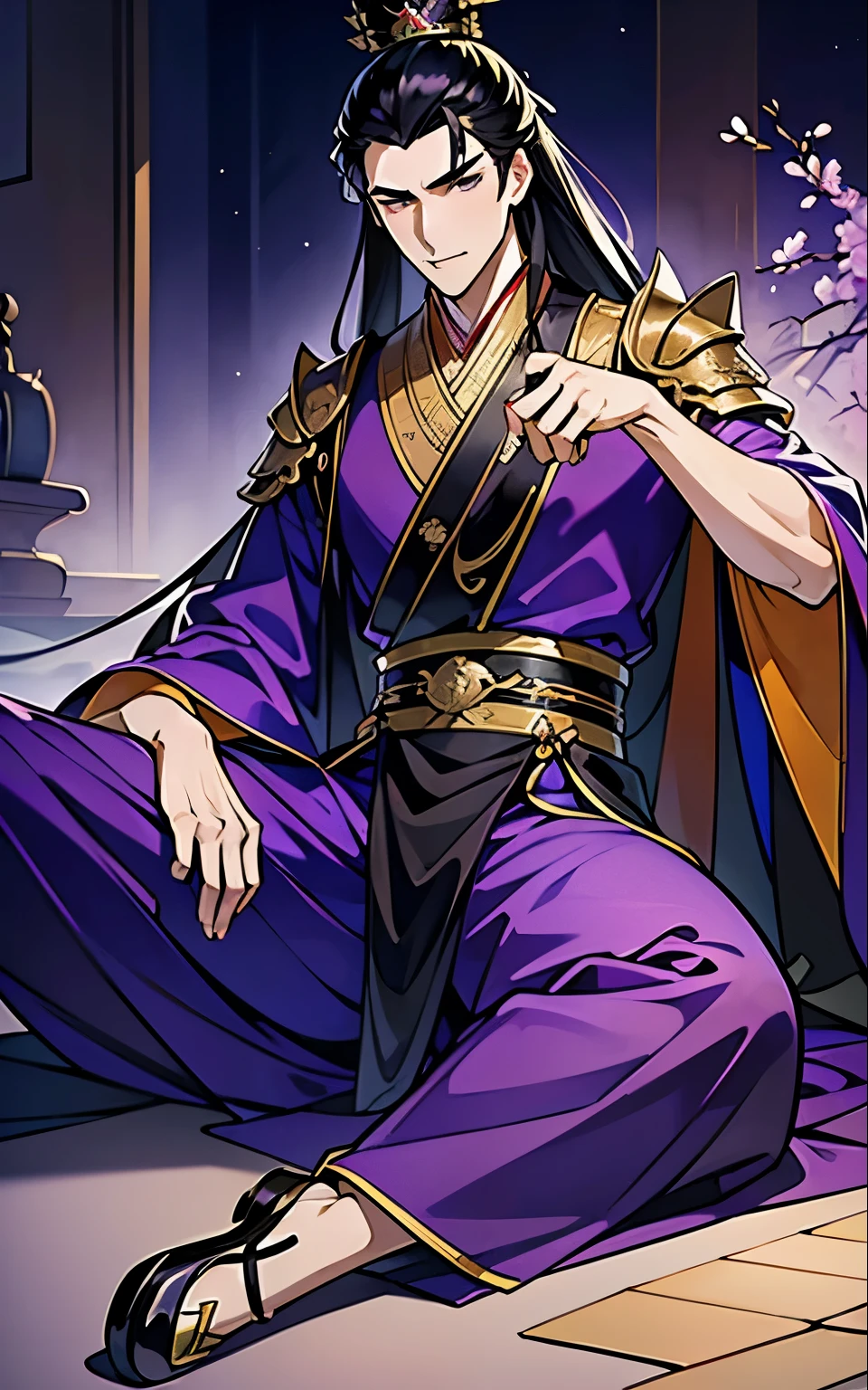 Best quality at best, Ultra-high resolution, (((1 men))), (45 years old) (Long black hair), (violet eyes), (Chinese clothes), (purple clothes) , (Full Body), (focal), (((Colorful))), particle fx , tmasterpiece, Best quality at best, beautiful painted, meticuloso, highly detailed, (tmasterpiece, Best quality at best） CG unified 8K wallpaper，((sitting chinese throne)), (chinese room), tmasterpiece，Best quality，ultra - detailed）, Super HD picture quality